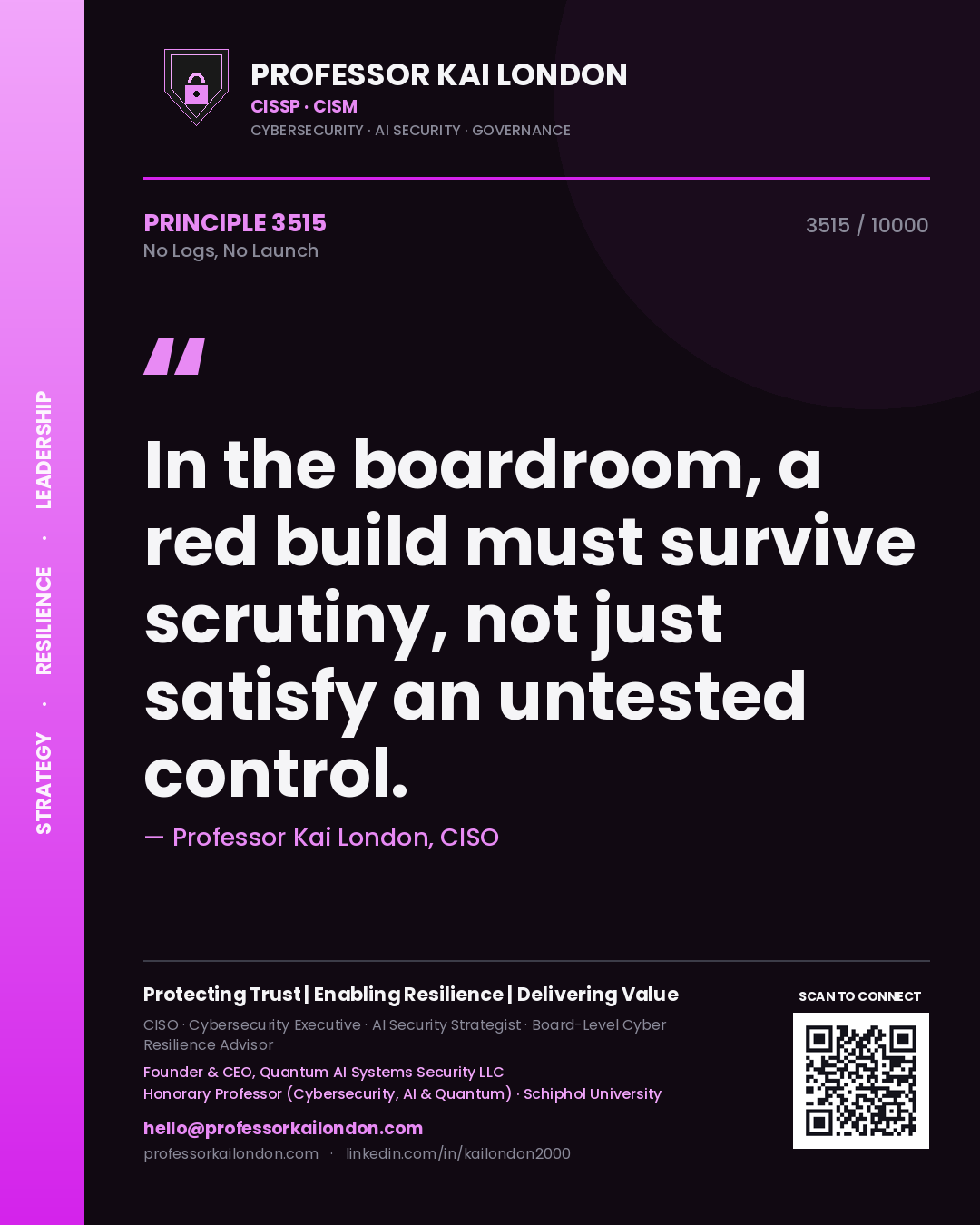 Quote card by Professor Kai London reading 'In the boardroom, a red build must survive scrutiny, not just satisfy an untested control.'. From the book No Logs, No Launch.