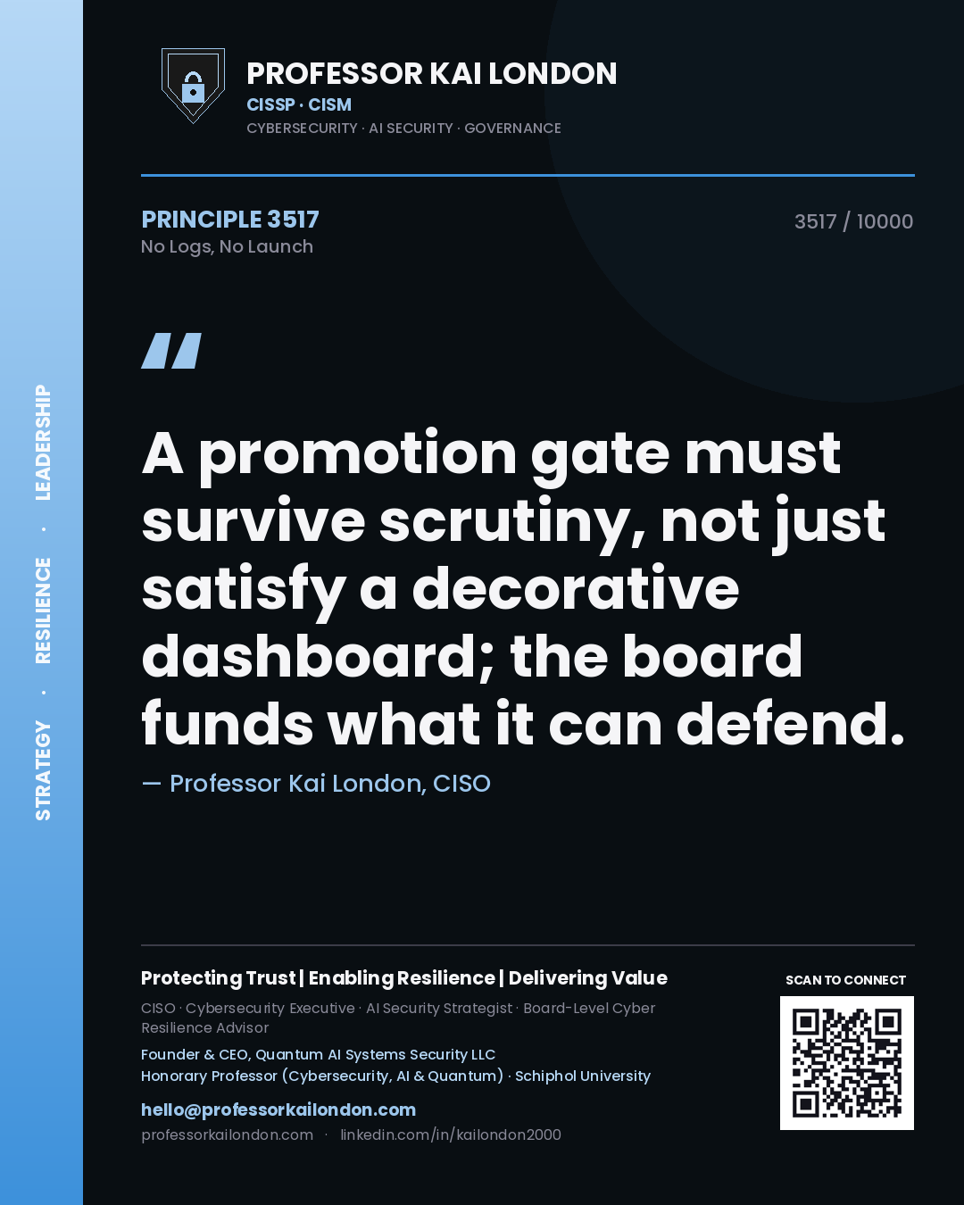 Quote card by Professor Kai London reading 'A promotion gate must survive scrutiny, not just satisfy a decorative dashboard; the board funds what it can defend.'. From the book No Logs, No Launch.
