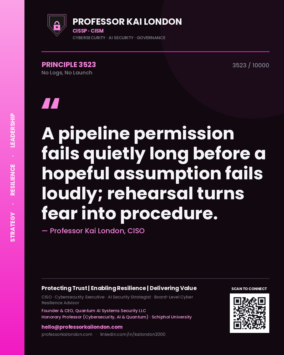 Professor Kai London principle 3523: A pipeline permission fails quietly long before a hopeful assumption fails loudly; rehearsal turns fear into procedure.