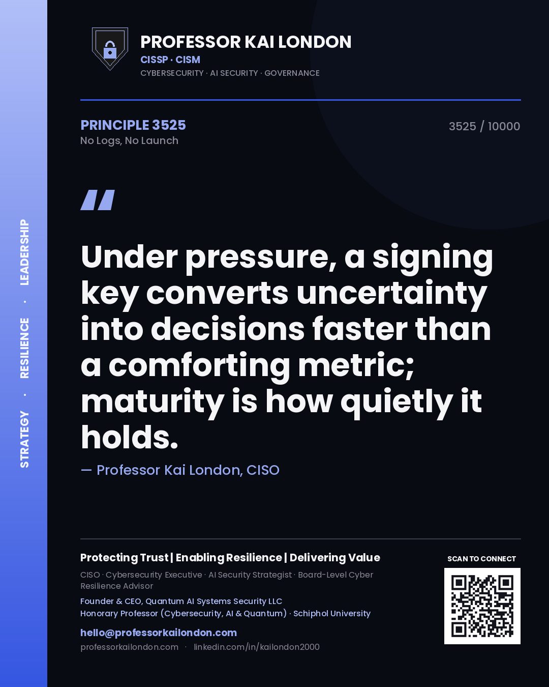 Professor Kai London principle 3525: Under pressure, a signing key converts uncertainty into decisions faster than a comforting metric; maturity is how quietly it holds.