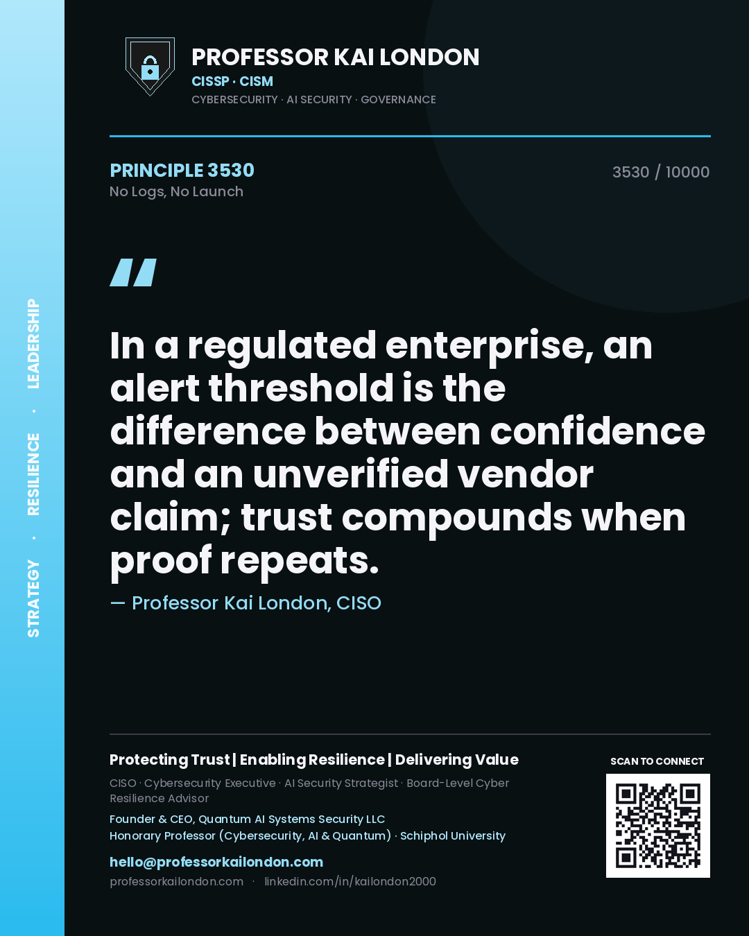 Professor Kai London principle 3530: In a regulated enterprise, an alert threshold is the difference between confidence and an unverified vendor claim; trust compounds when proof repeats.