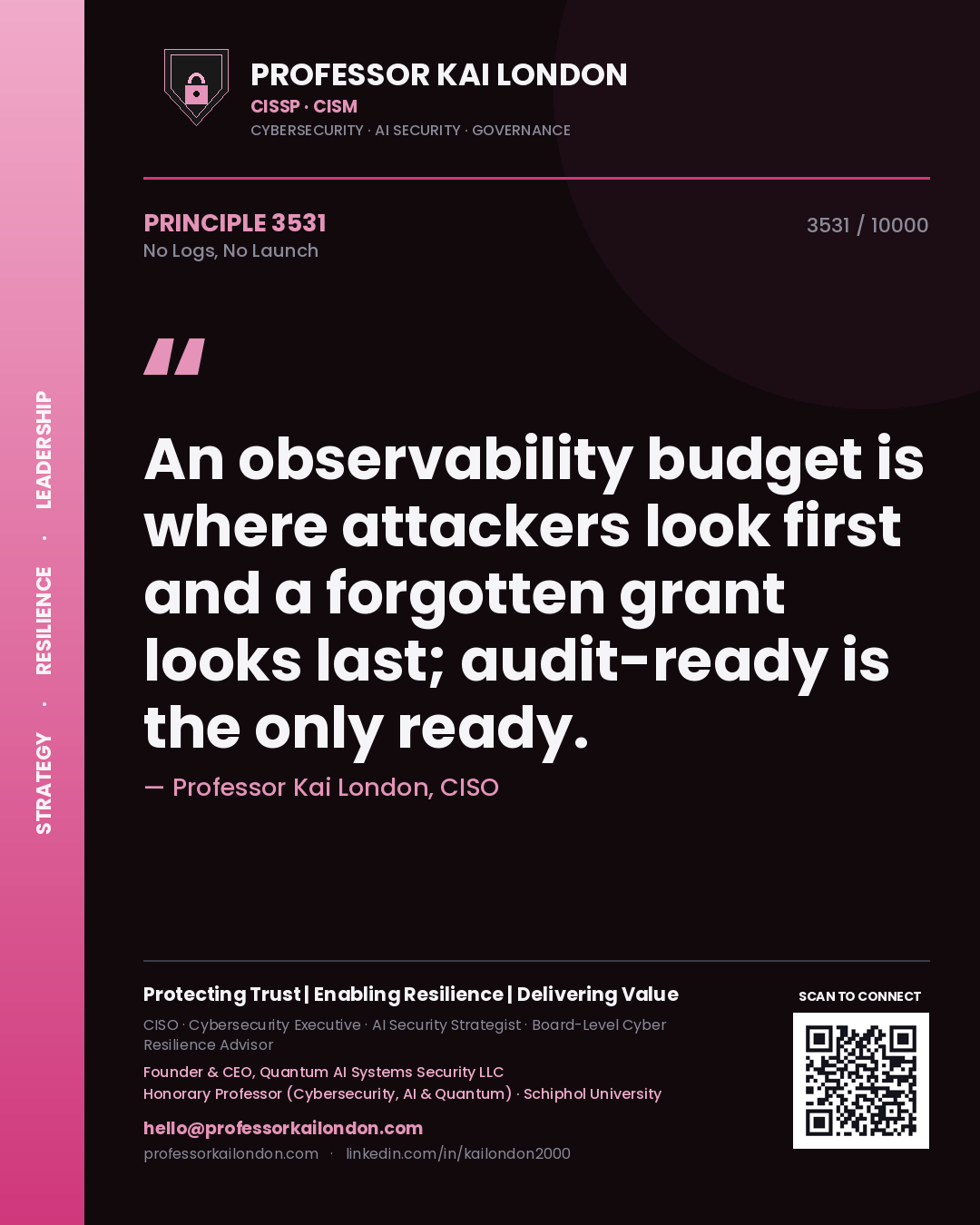Professor Kai London principle 3531: An observability budget is where attackers look first and a forgotten grant looks last; audit-ready is the only ready.