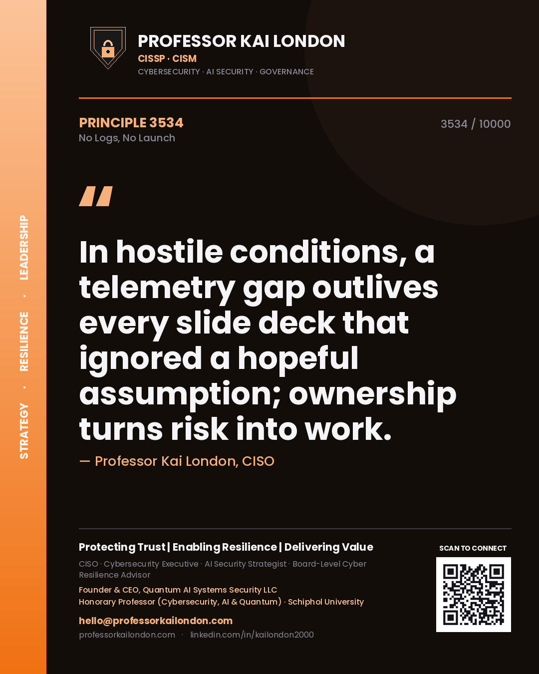 Quote card by Professor Kai London reading 'In hostile conditions, a telemetry gap outlives every slide deck that ignored a hopeful assumption; ownership turns risk into work.'. From the book No Logs, No Launch.