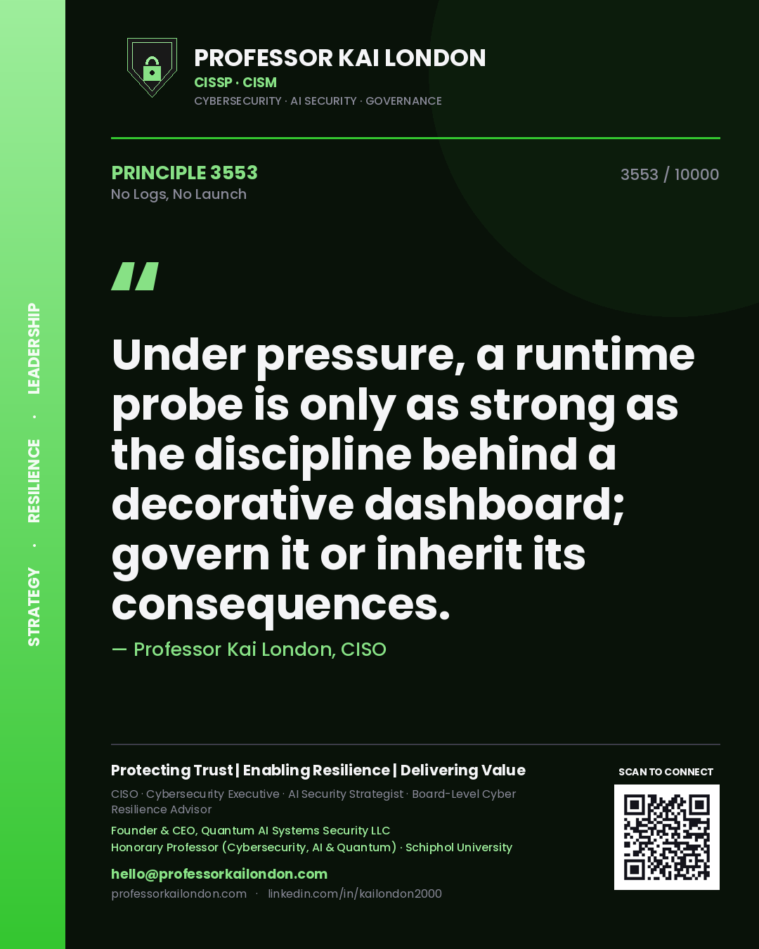 Quote card by Professor Kai London reading 'Under pressure, a runtime probe is only as strong as the discipline behind a decorative dashboard; govern it or inherit its consequences.'. From the book No Logs, No Launch.