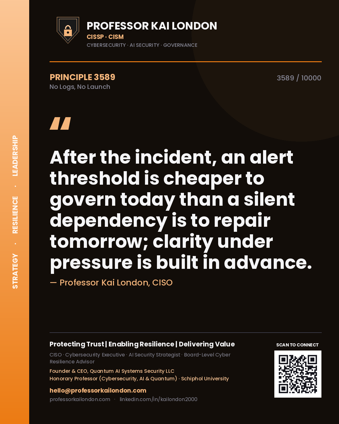 Professor Kai London principle 3589: After the incident, an alert threshold is cheaper to govern today than a silent dependency is to repair tomorrow; clarity under pressure is built in advance.