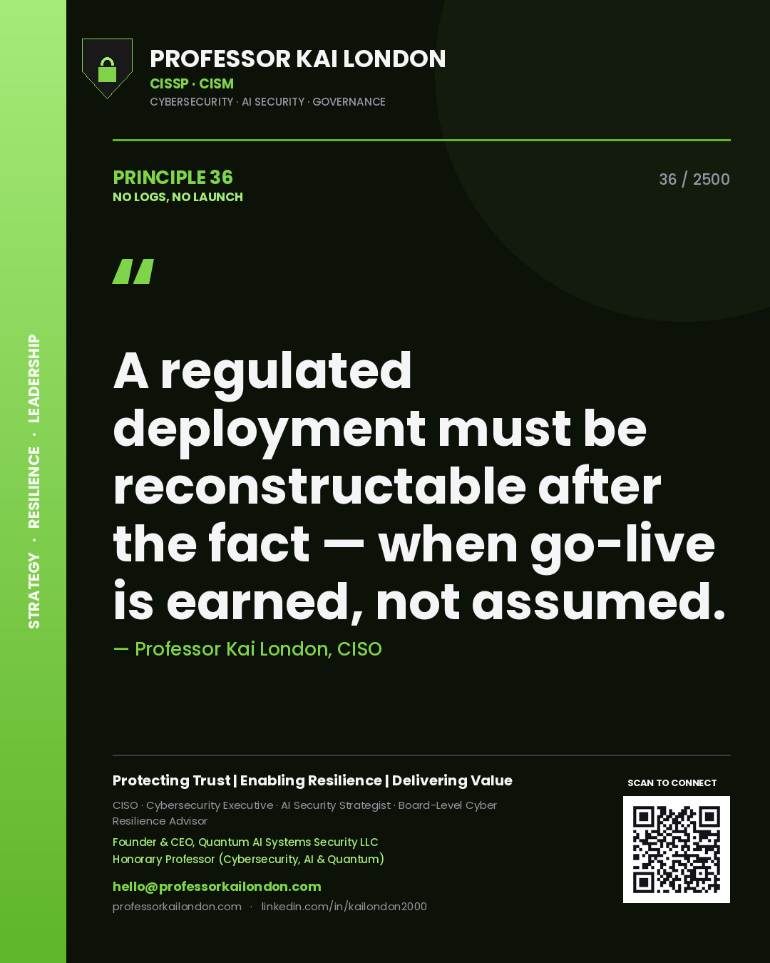 Professor Kai London principle 36: A regulated deployment must be reconstructable after the fact — when go-live is earned, not assumed.