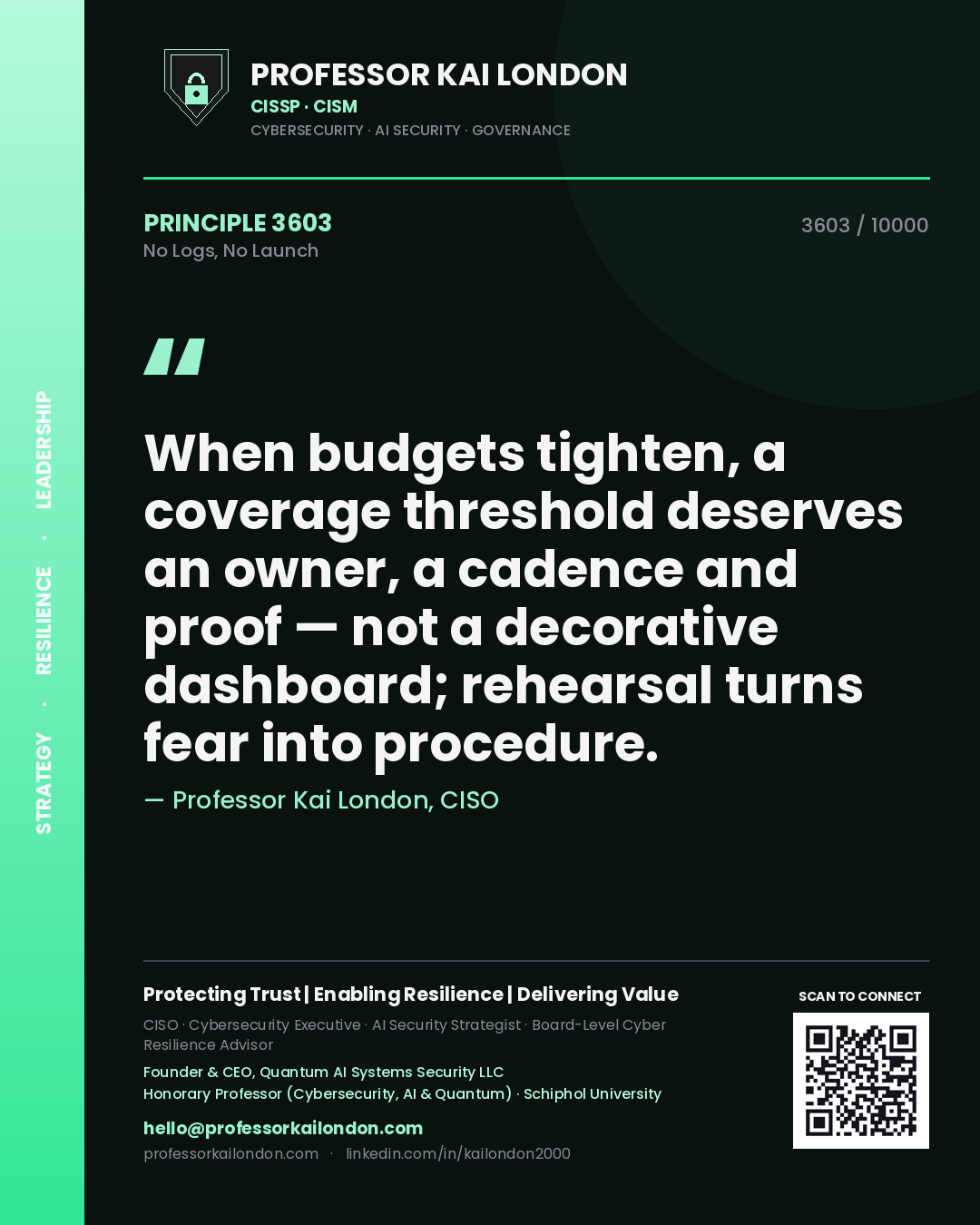 Professor Kai London principle 3603: When budgets tighten, a coverage threshold deserves an owner, a cadence and proof — not a decorative dashboard; rehearsal turns fear into procedure.