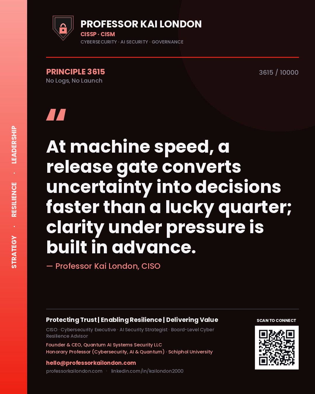 Professor Kai London principle 3615: At machine speed, a release gate converts uncertainty into decisions faster than a lucky quarter; clarity under pressure is built in advance.