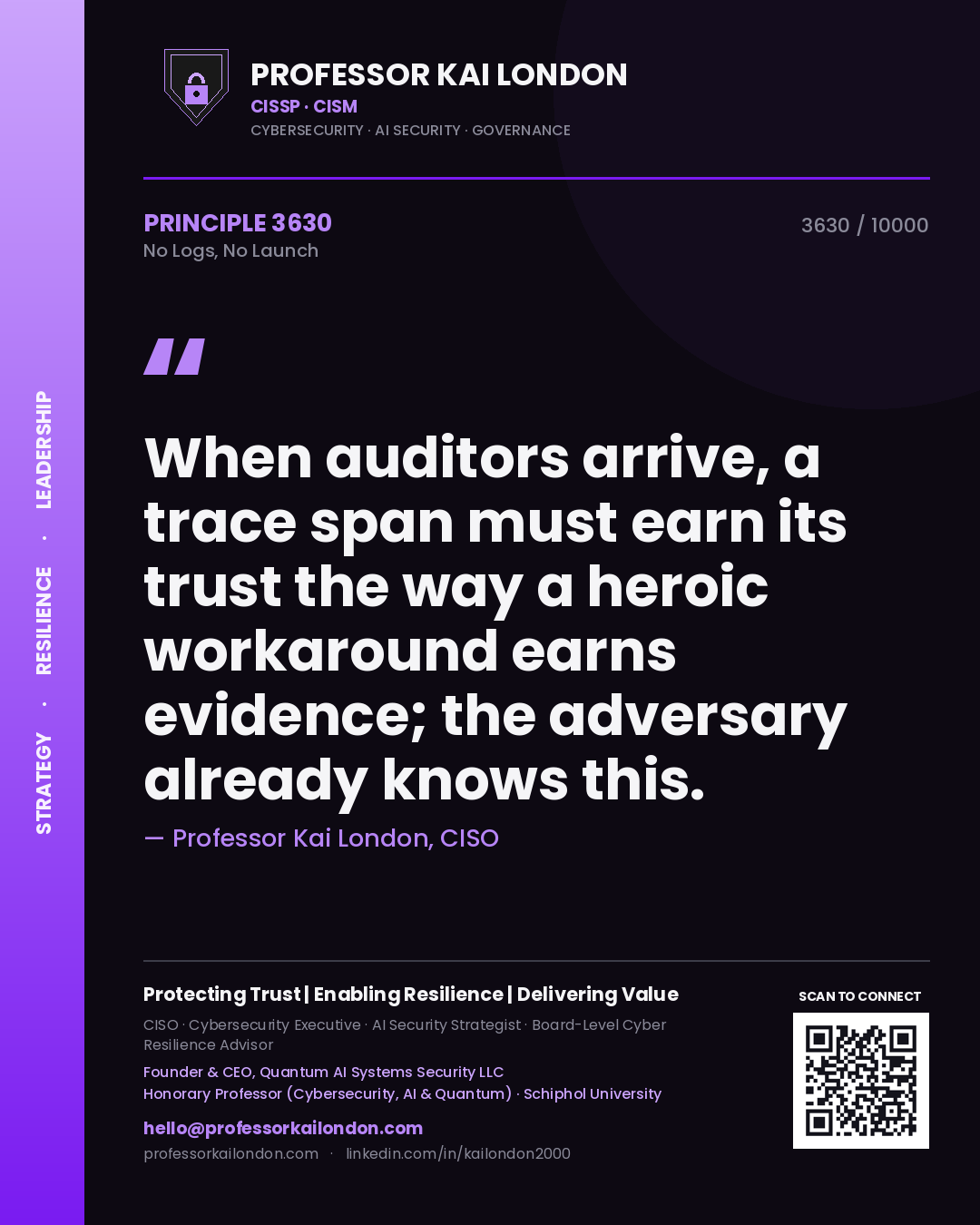 Professor Kai London principle 3630: When auditors arrive, a trace span must earn its trust the way a heroic workaround earns evidence; the adversary already knows this.