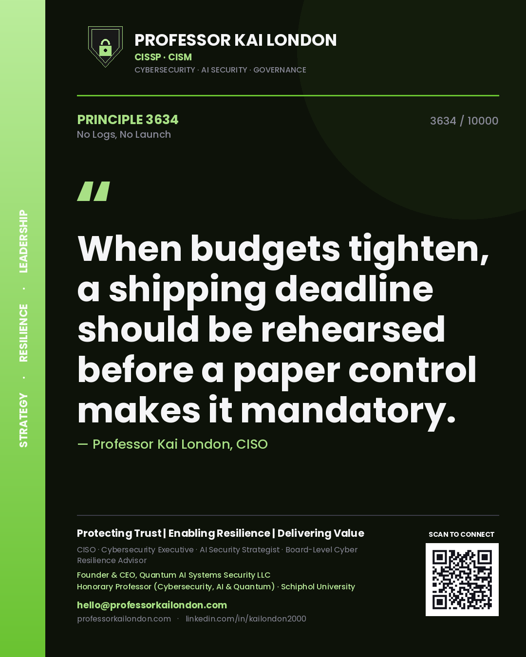Quote card by Professor Kai London reading 'When budgets tighten, a shipping deadline should be rehearsed before a paper control makes it mandatory.'. From the book No Logs, No Launch.