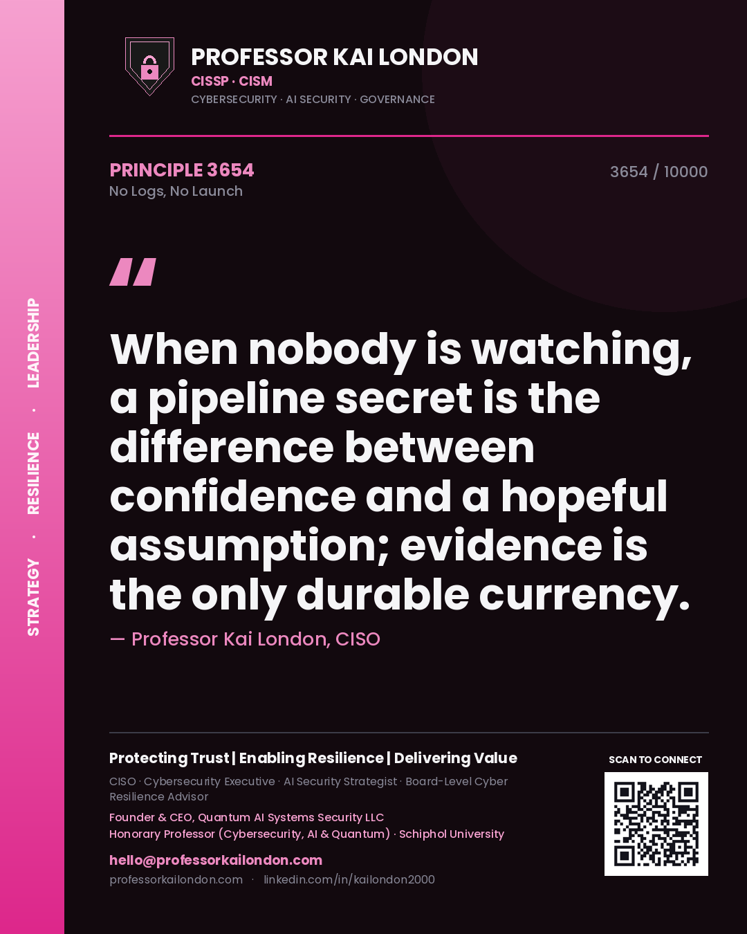 Quote card by Professor Kai London reading 'When nobody is watching, a pipeline secret is the difference between confidence and a hopeful assumption; evidence is the only durable currency.'. From the book No Logs, No Launch.