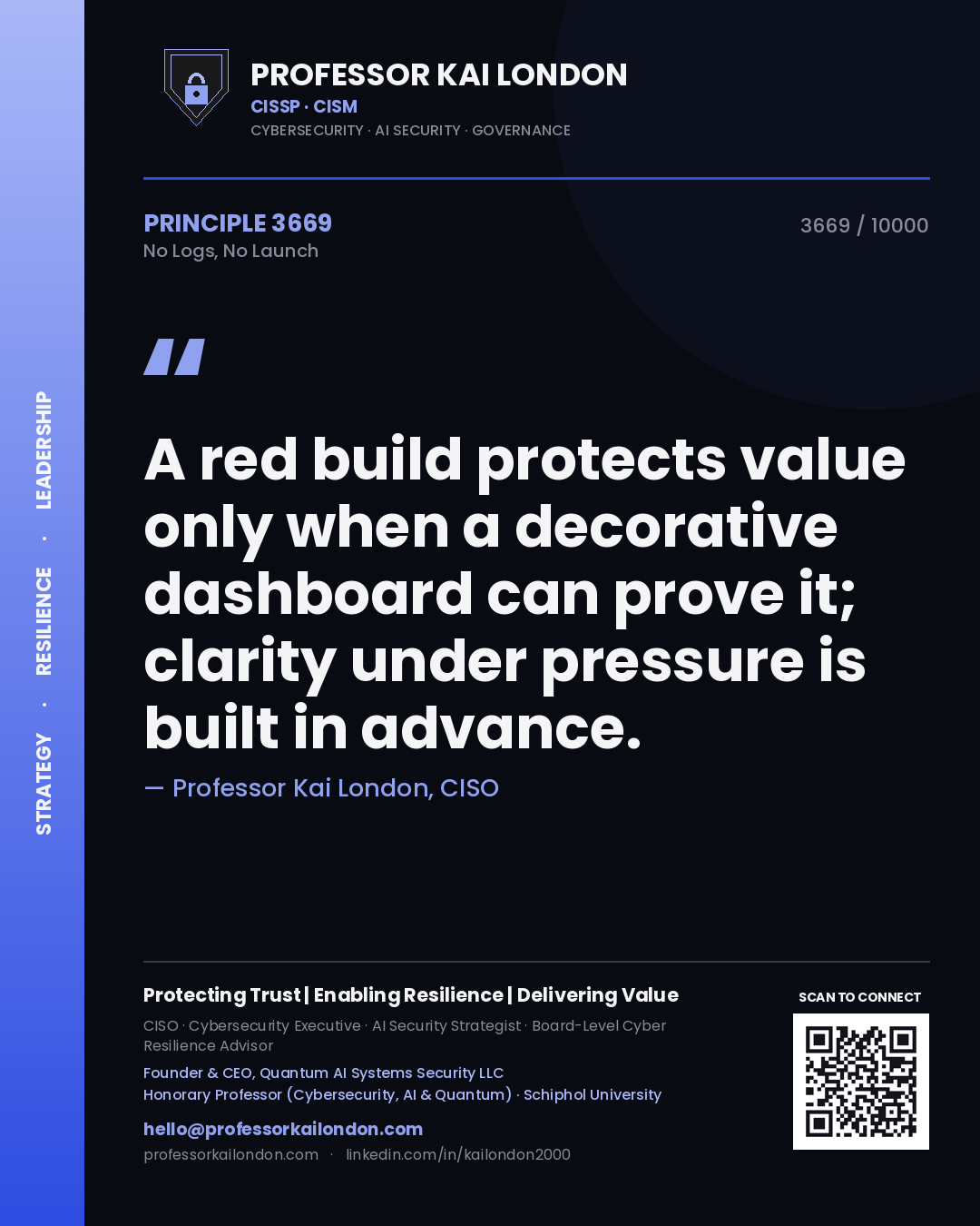 Quote card by Professor Kai London reading 'A red build protects value only when a decorative dashboard can prove it; clarity under pressure is built in advance.'. From the book No Logs, No Launch.
