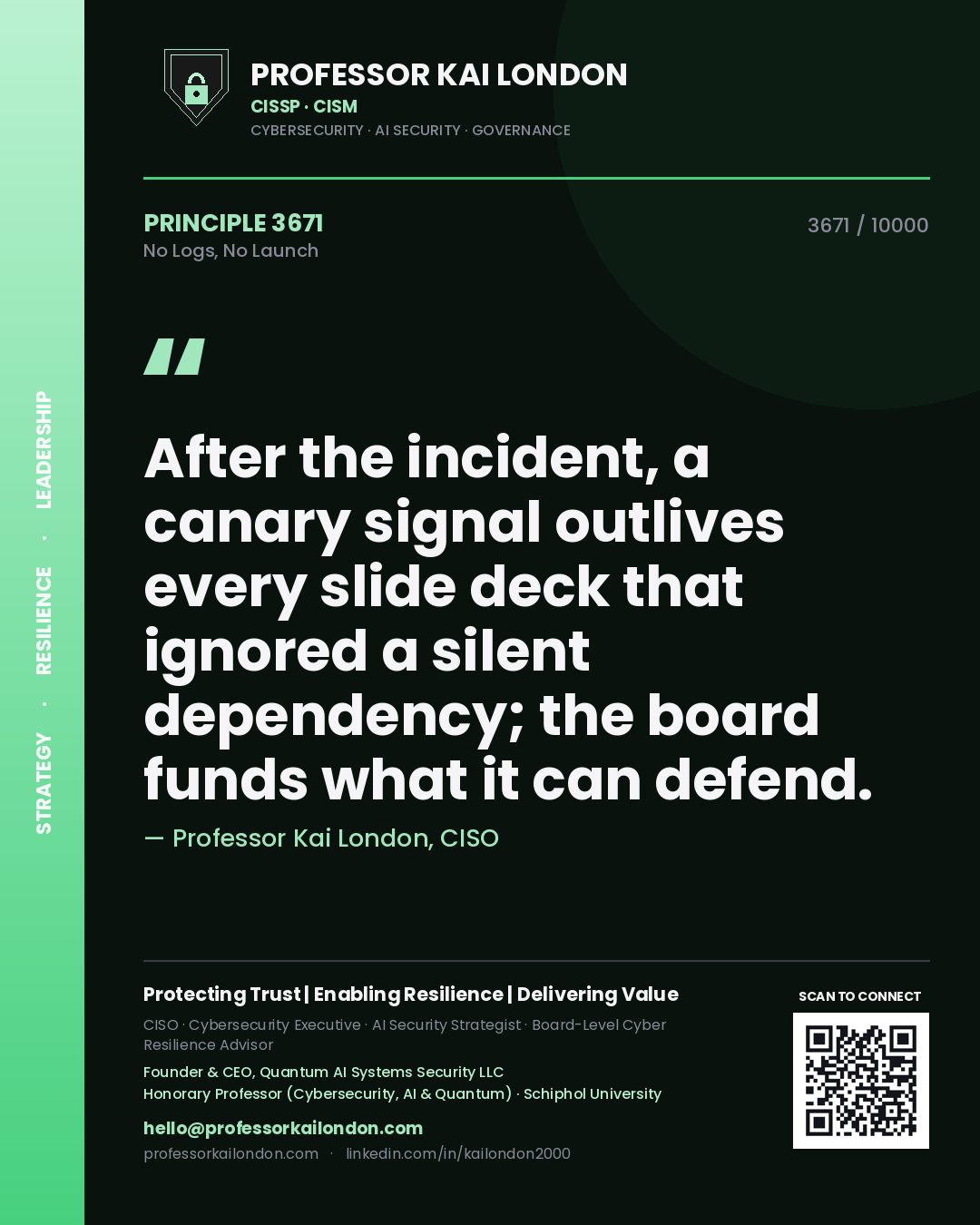 Quote card by Professor Kai London reading 'After the incident, a canary signal outlives every slide deck that ignored a silent dependency; the board funds what it can defend.'. From the book No Logs, No Launch.