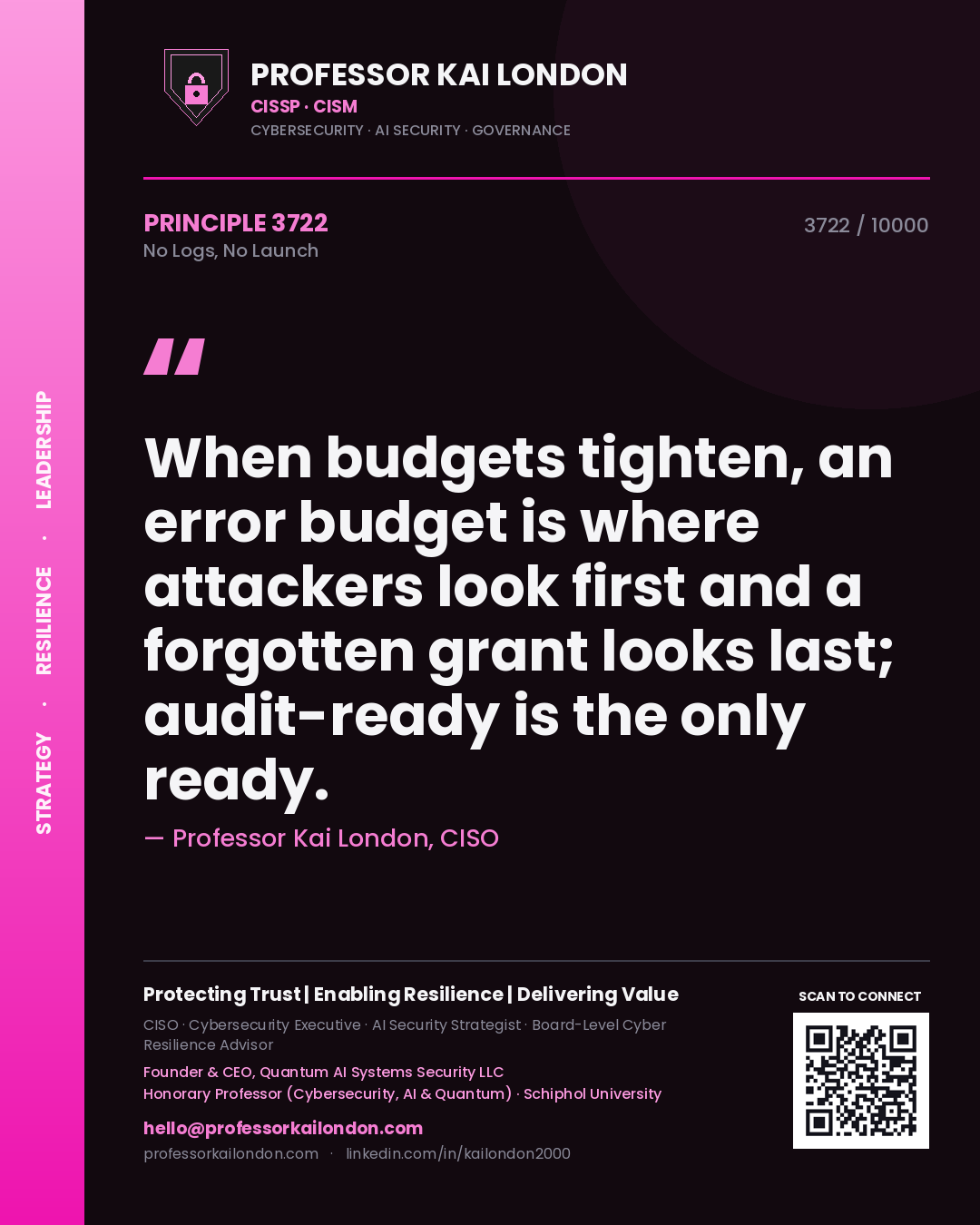 Quote card by Professor Kai London reading 'When budgets tighten, an error budget is where attackers look first and a forgotten grant looks last; audit-ready is the only ready.'. From the book No Logs, No Launch.