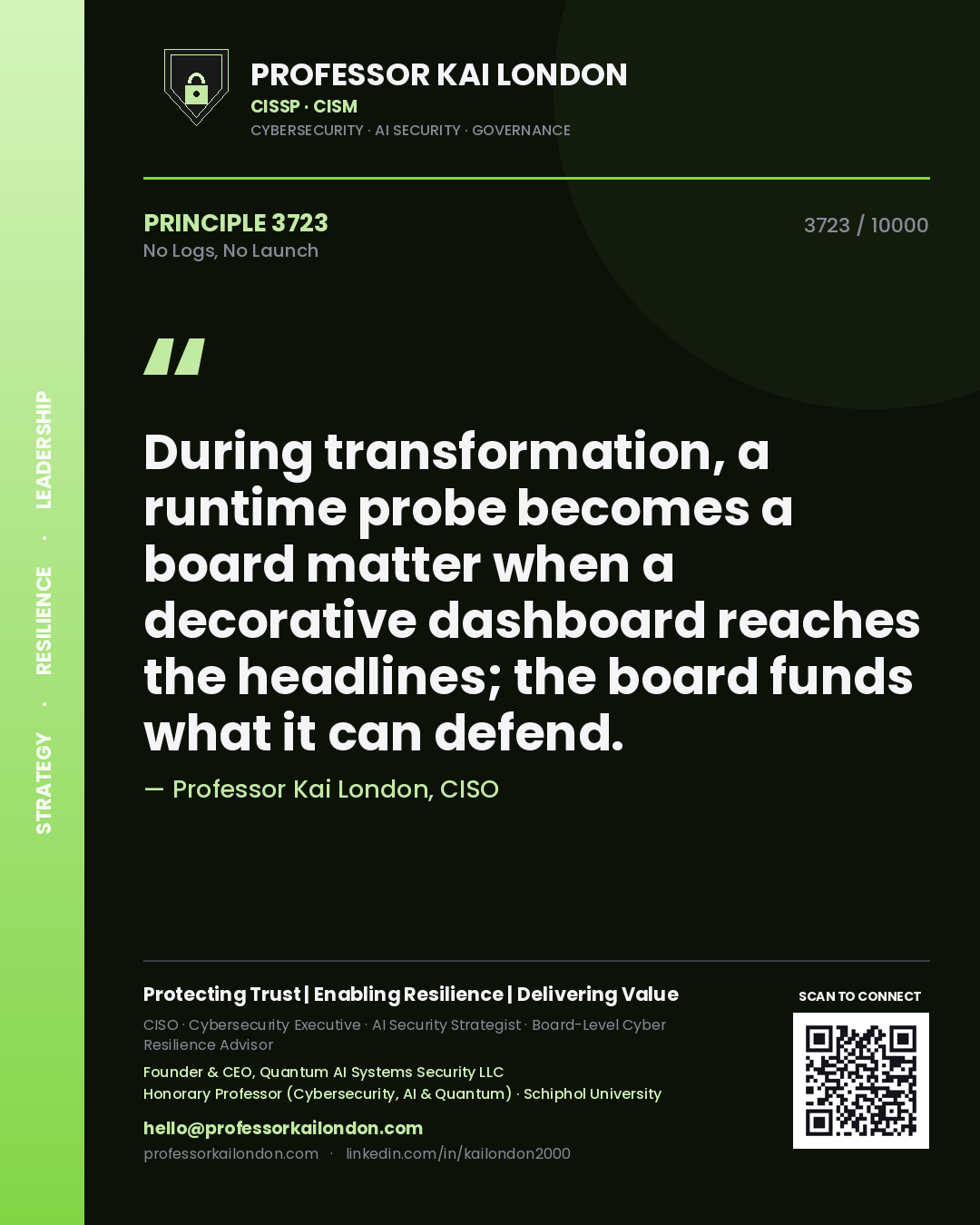 Quote card by Professor Kai London reading 'During transformation, a runtime probe becomes a board matter when a decorative dashboard reaches the headlines; the board funds what it can defend.'. From the book No Logs, No Launch.