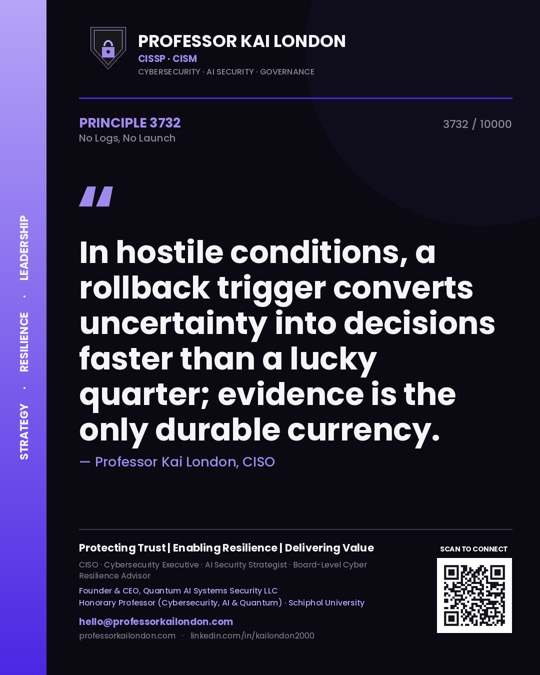Quote card by Professor Kai London reading 'In hostile conditions, a rollback trigger converts uncertainty into decisions faster than a lucky quarter; evidence is the only durable currency.'. From the book No Logs, No Launch.