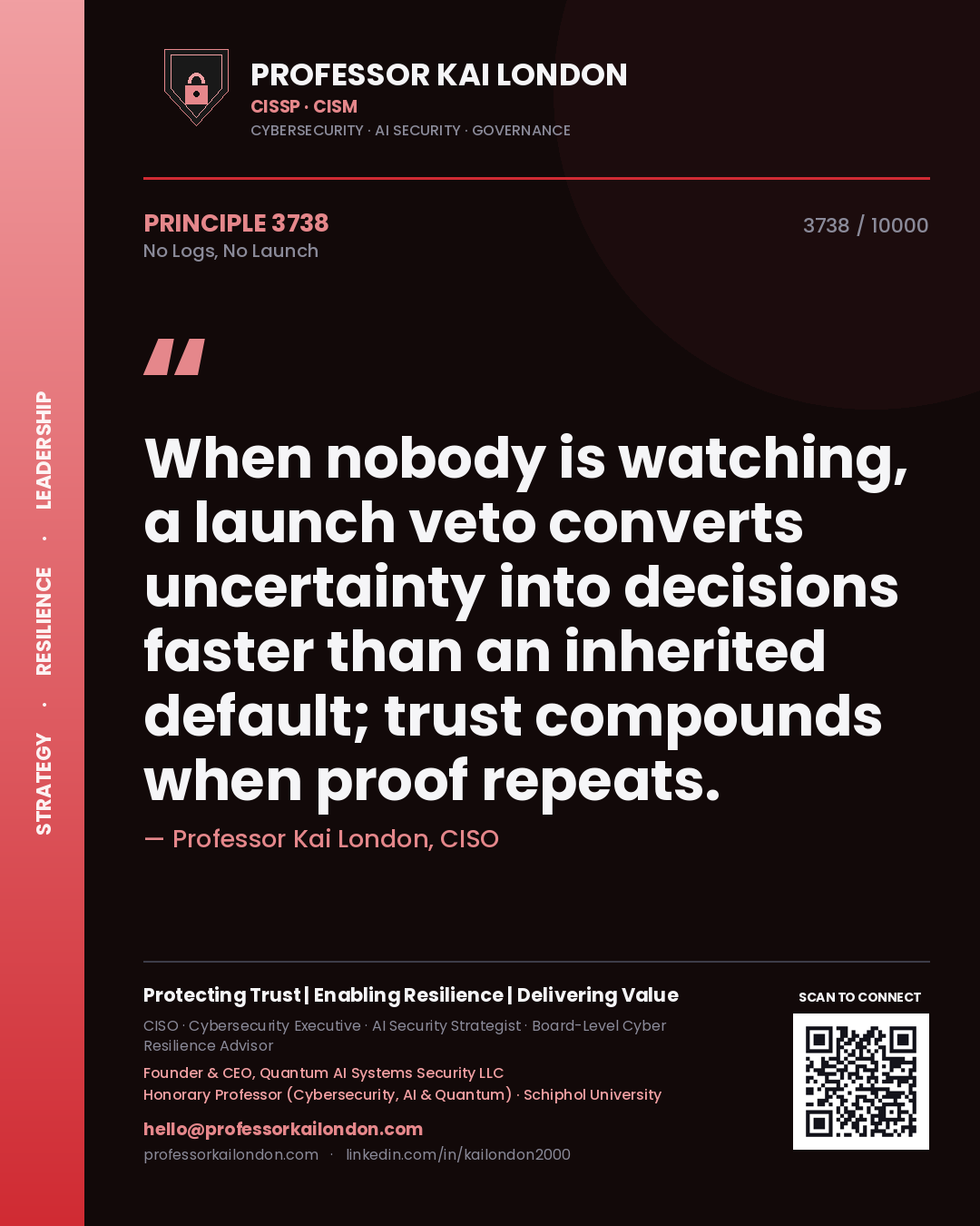 Professor Kai London principle 3738: When nobody is watching, a launch veto converts uncertainty into decisions faster than an inherited default; trust compounds when proof repeats.