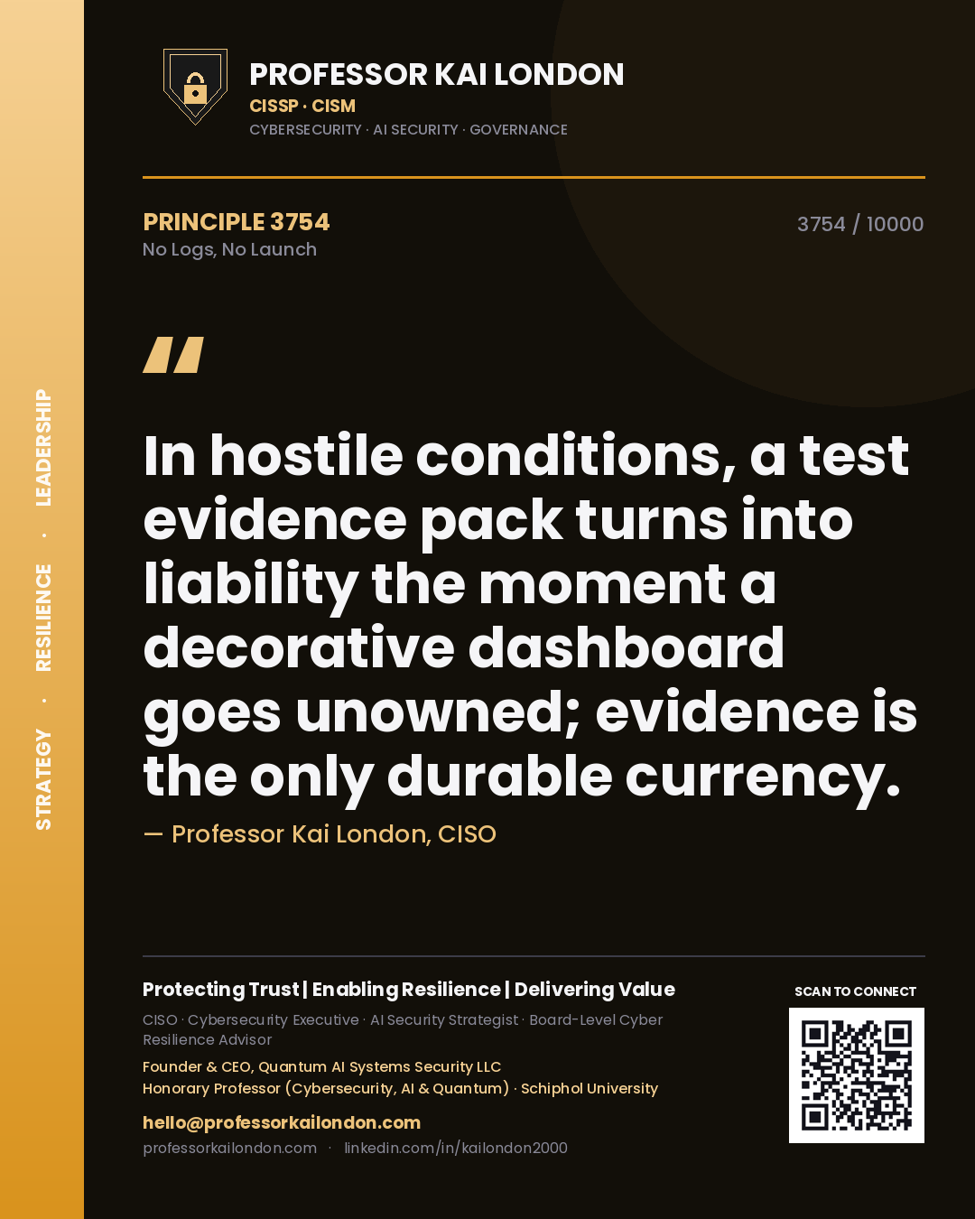 Quote card by Professor Kai London reading 'In hostile conditions, a test evidence pack turns into liability the moment a decorative dashboard goes unowned; evidence is the only durable currency.'. From the book No Logs, No Launch.