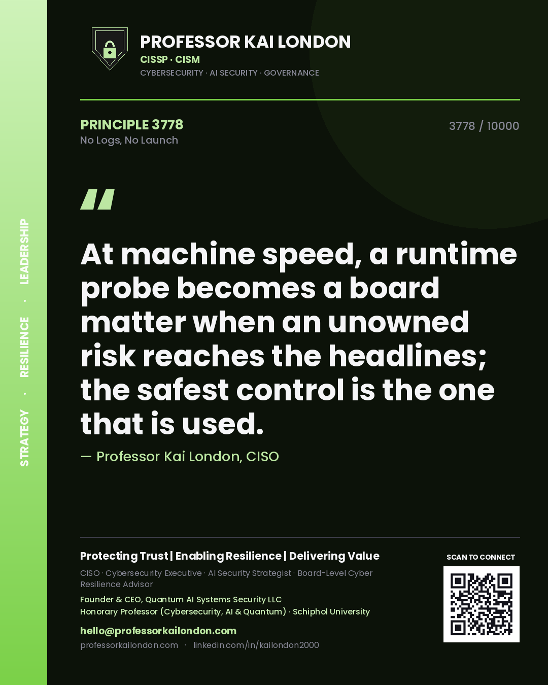 Professor Kai London principle 3778: At machine speed, a runtime probe becomes a board matter when an unowned risk reaches the headlines; the safest control is the one that is used.