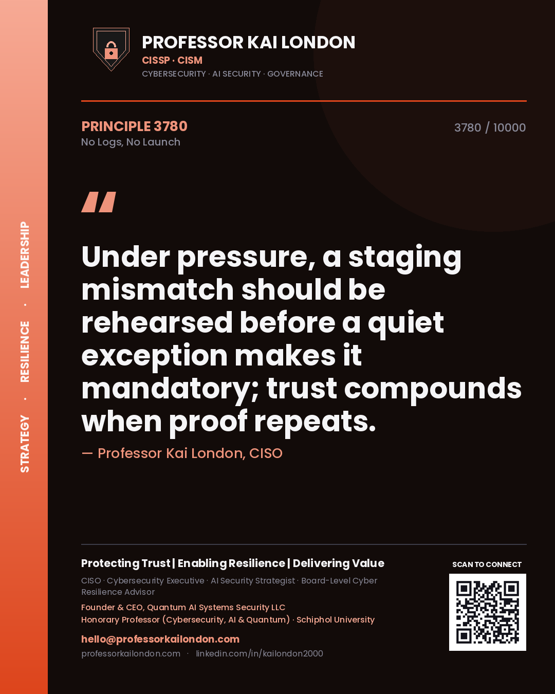 Professor Kai London principle 3780: Under pressure, a staging mismatch should be rehearsed before a quiet exception makes it mandatory; trust compounds when proof repeats.