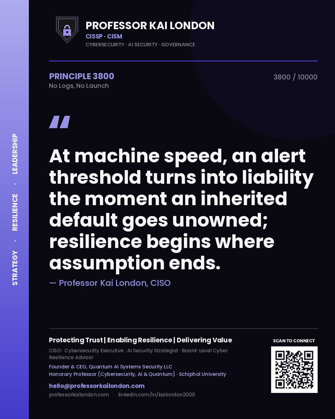 Quote card by Professor Kai London reading 'At machine speed, an alert threshold turns into liability the moment an inherited default goes unowned; resilience begins where assumption ends.'. From the book No Logs, No Launch.