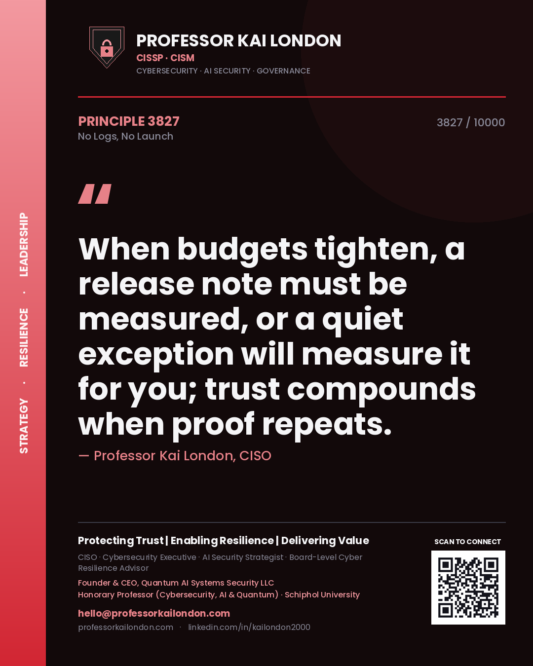 Professor Kai London principle 3827: When budgets tighten, a release note must be measured, or a quiet exception will measure it for you; trust compounds when proof repeats.