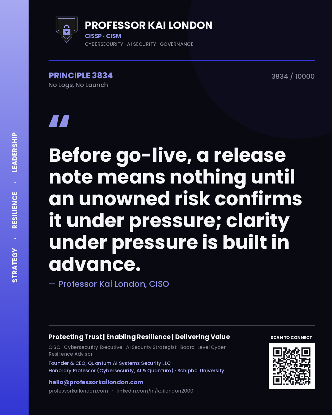 Professor Kai London principle 3834: Before go-live, a release note means nothing until an unowned risk confirms it under pressure; clarity under pressure is built in advance.