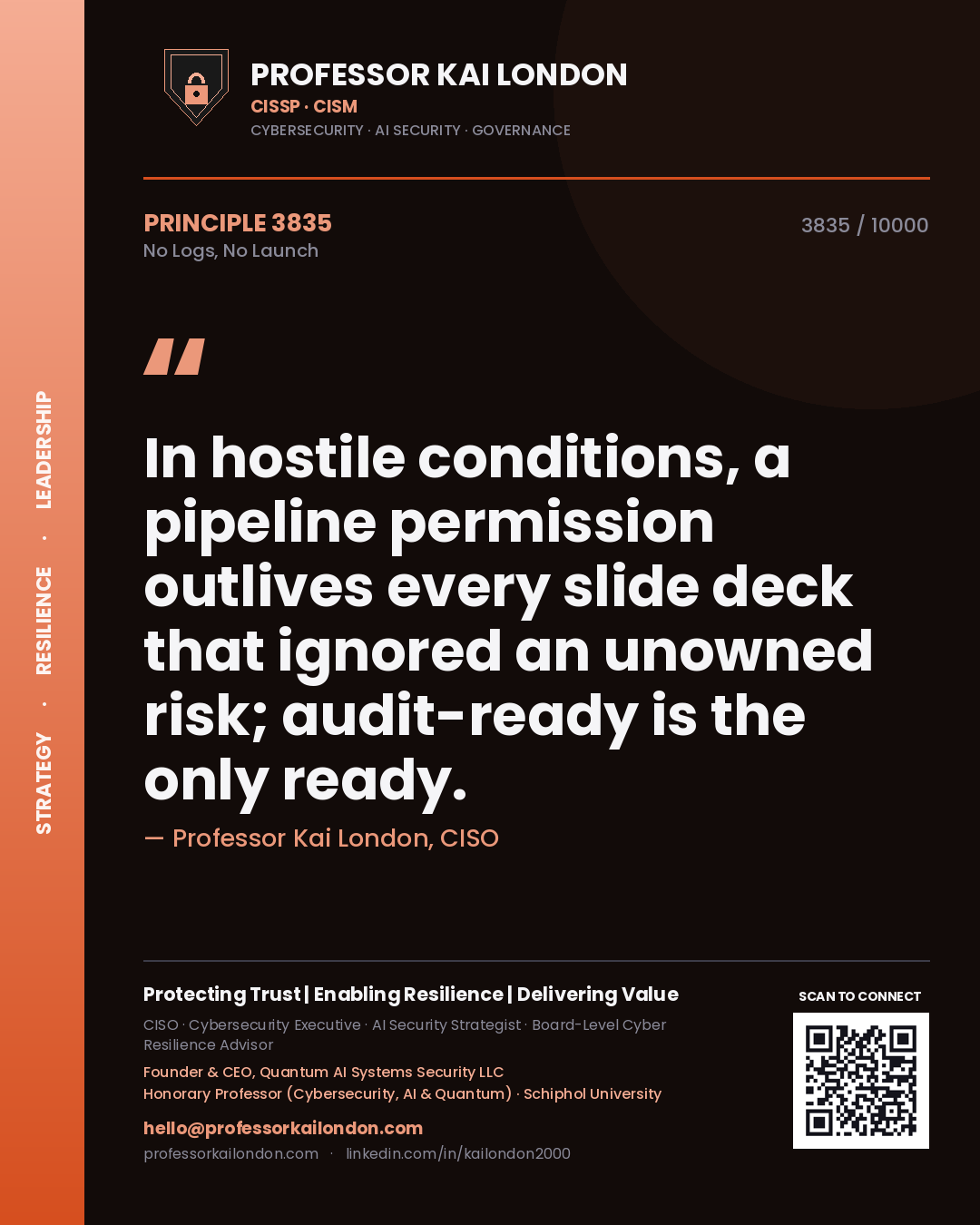 Professor Kai London principle 3835: In hostile conditions, a pipeline permission outlives every slide deck that ignored an unowned risk; audit-ready is the only ready.