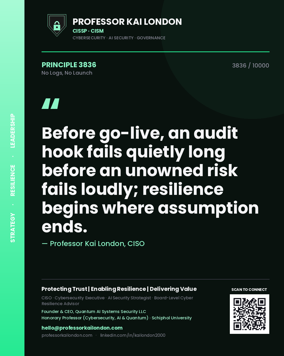 Professor Kai London principle 3836: Before go-live, an audit hook fails quietly long before an unowned risk fails loudly; resilience begins where assumption ends.