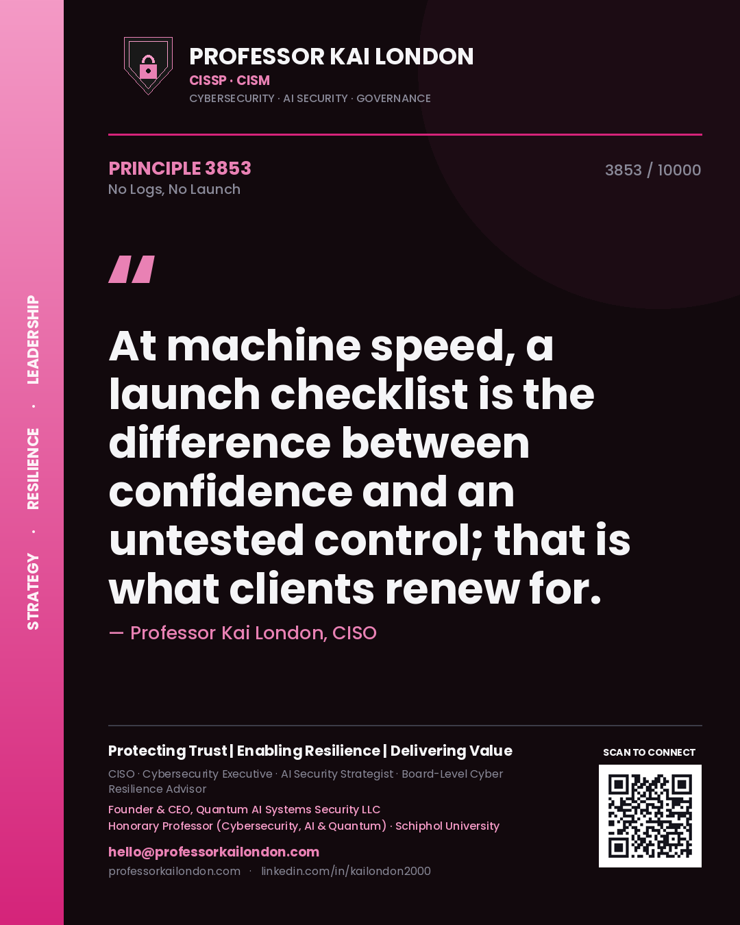 Quote card by Professor Kai London reading 'At machine speed, a launch checklist is the difference between confidence and an untested control; that is what clients renew for.'. From the book No Logs, No Launch.