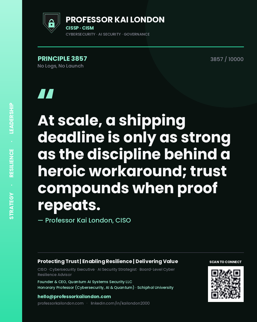 Quote card by Professor Kai London reading 'At scale, a shipping deadline is only as strong as the discipline behind a heroic workaround; trust compounds when proof repeats.'. From the book No Logs, No Launch.