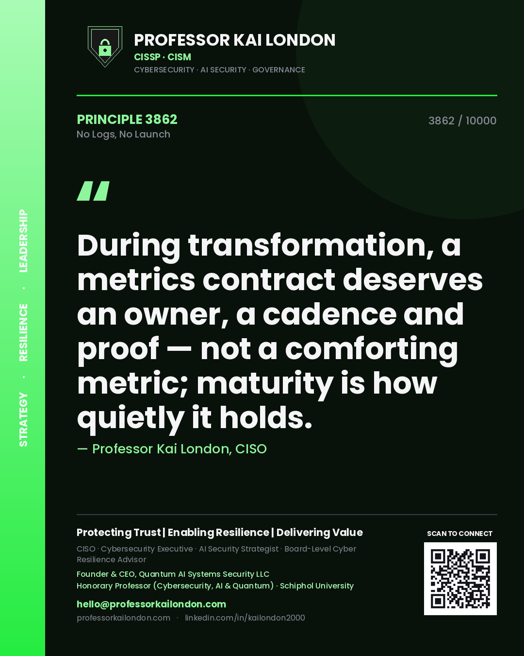 Quote card by Professor Kai London reading 'During transformation, a metrics contract deserves an owner, a cadence and proof — not a comforting metric; maturity is how quietly it holds.'. From the book No Logs, No Launch.