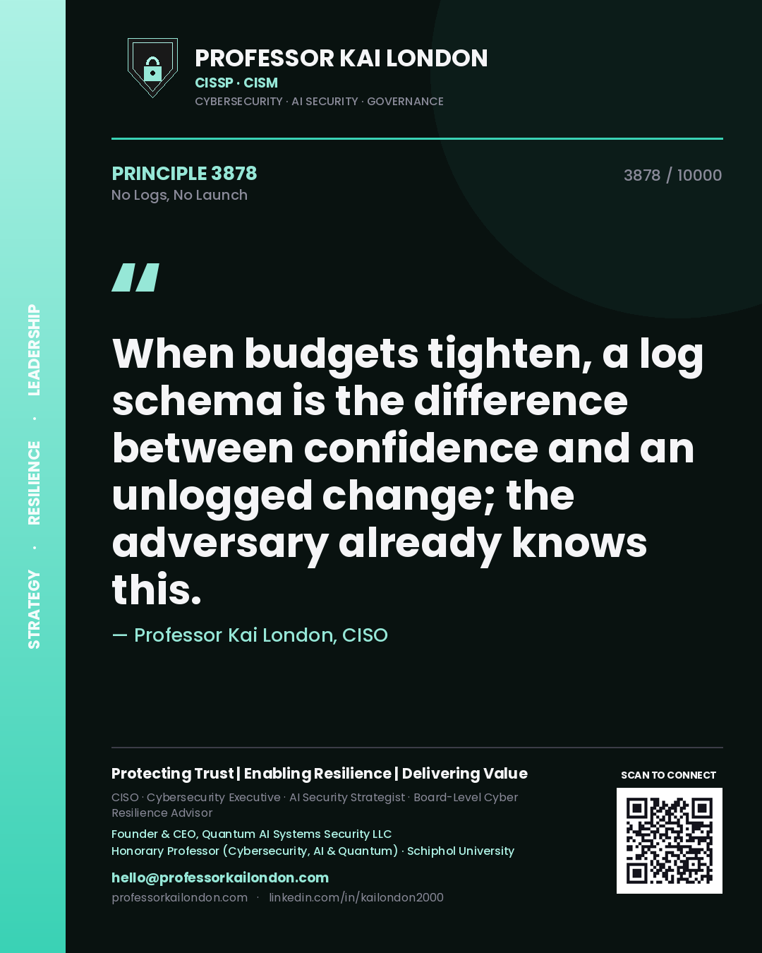 Professor Kai London principle 3878: When budgets tighten, a log schema is the difference between confidence and an unlogged change; the adversary already knows this.