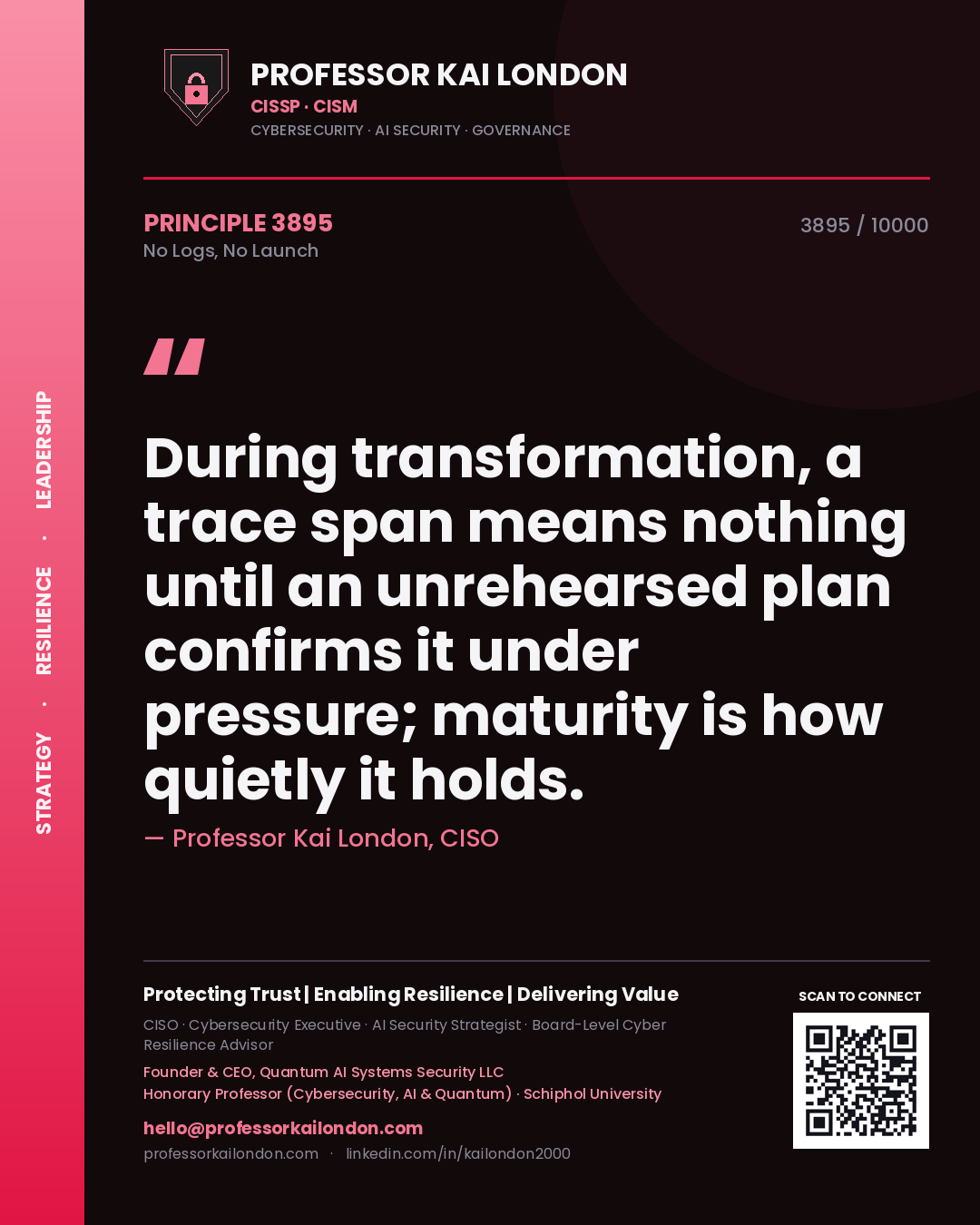 Professor Kai London principle 3895: During transformation, a trace span means nothing until an unrehearsed plan confirms it under pressure; maturity is how quietly it holds.