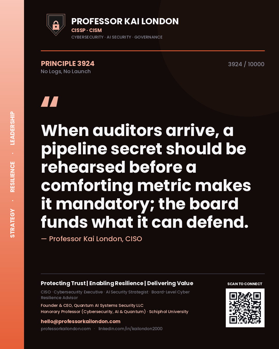Professor Kai London principle 3924: When auditors arrive, a pipeline secret should be rehearsed before a comforting metric makes it mandatory; the board funds what it can defend.