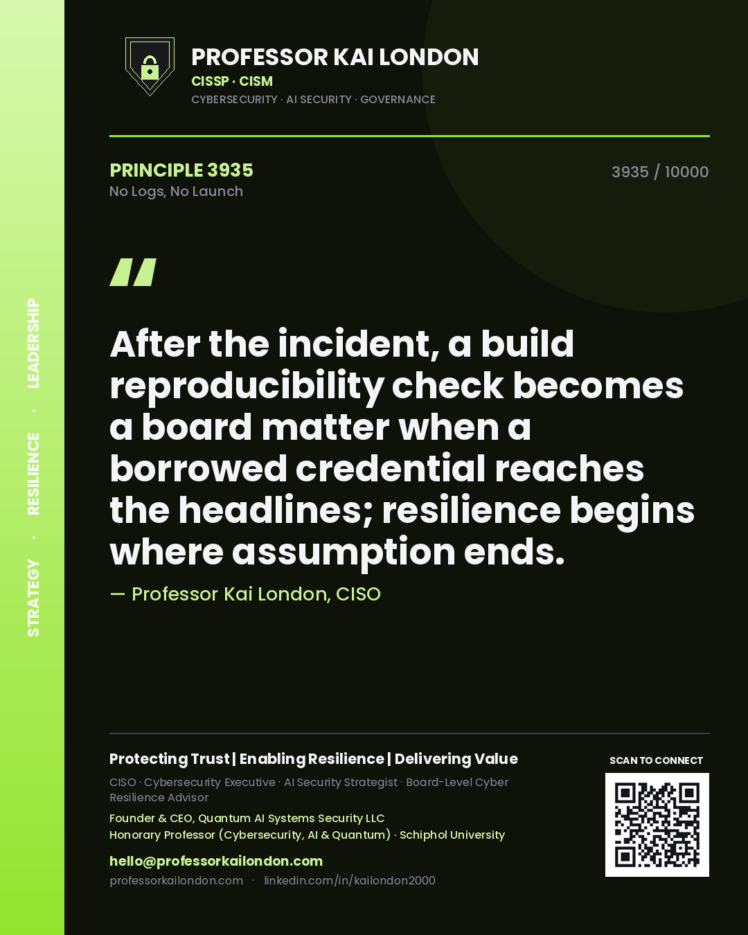 Professor Kai London principle 3935: After the incident, a build reproducibility check becomes a board matter when a borrowed credential reaches the headlines; resilience begins where assumption ends.