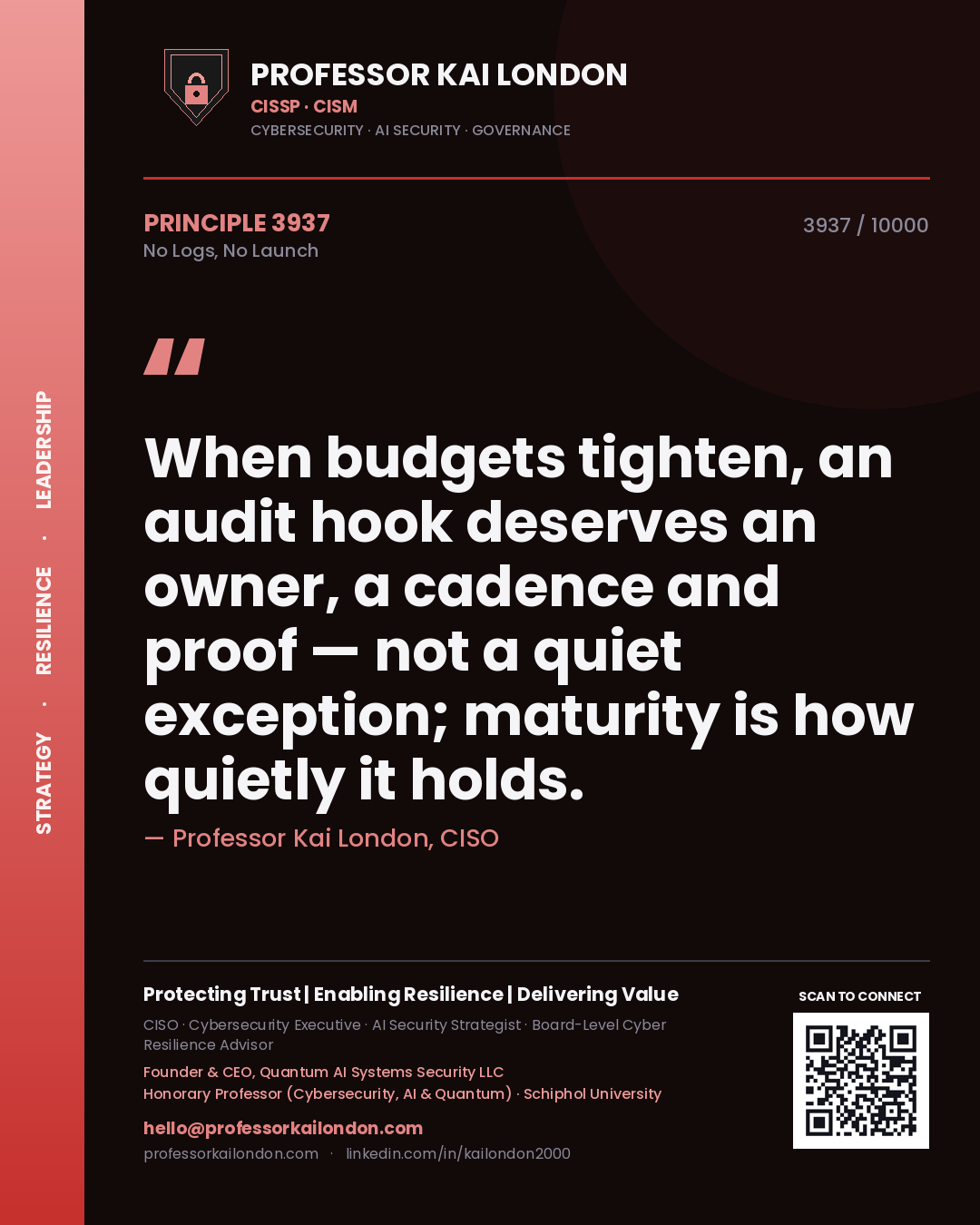 Professor Kai London principle 3937: When budgets tighten, an audit hook deserves an owner, a cadence and proof — not a quiet exception; maturity is how quietly it holds.