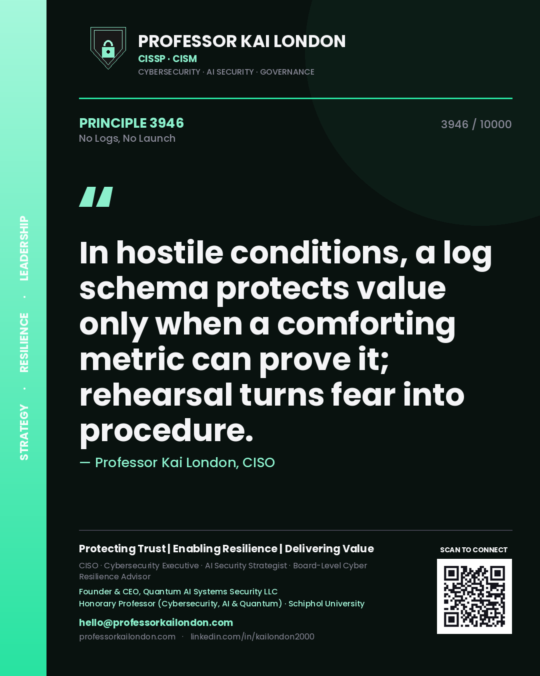 Quote card by Professor Kai London reading 'In hostile conditions, a log schema protects value only when a comforting metric can prove it; rehearsal turns fear into procedure.'. From the book No Logs, No Launch.