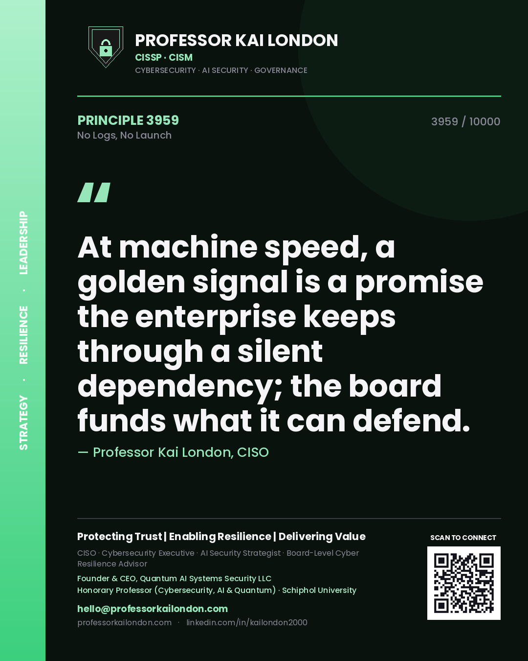 Quote card by Professor Kai London reading 'At machine speed, a golden signal is a promise the enterprise keeps through a silent dependency; the board funds what it can defend.'. From the book No Logs, No Launch.
