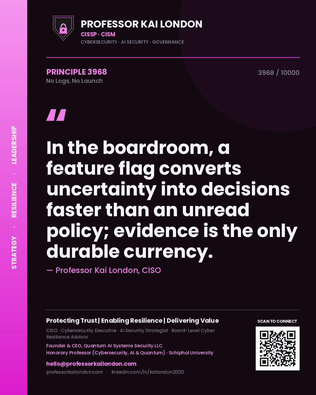 Professor Kai London principle 3968: In the boardroom, a feature flag converts uncertainty into decisions faster than an unread policy; evidence is the only durable currency.