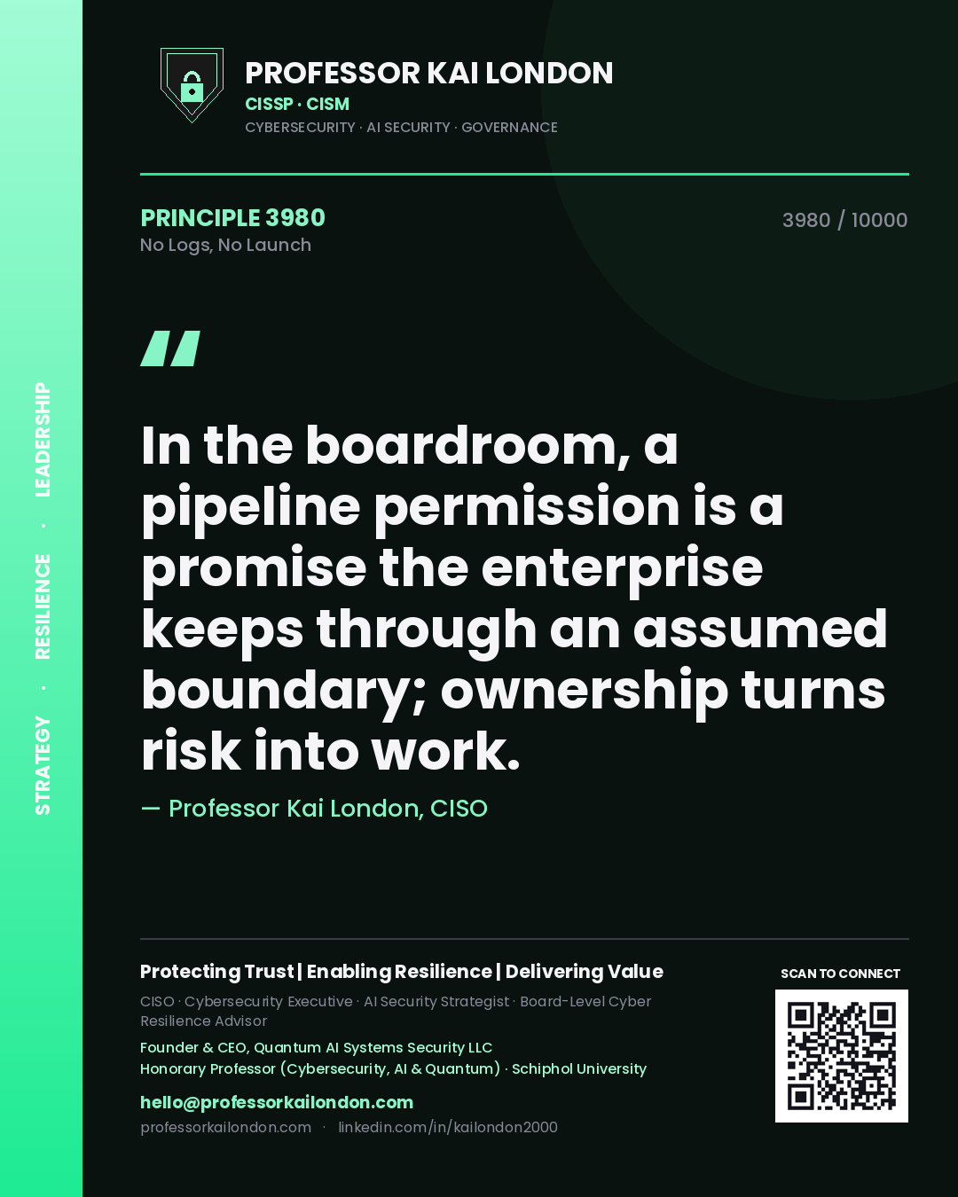 Professor Kai London principle 3980: In the boardroom, a pipeline permission is a promise the enterprise keeps through an assumed boundary; ownership turns risk into work.