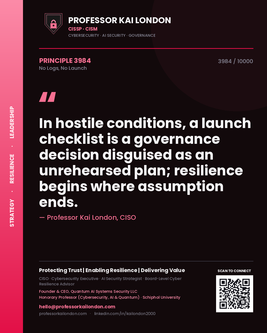 Quote card by Professor Kai London reading 'In hostile conditions, a launch checklist is a governance decision disguised as an unrehearsed plan; resilience begins where assumption ends.'. From the book No Logs, No Launch.