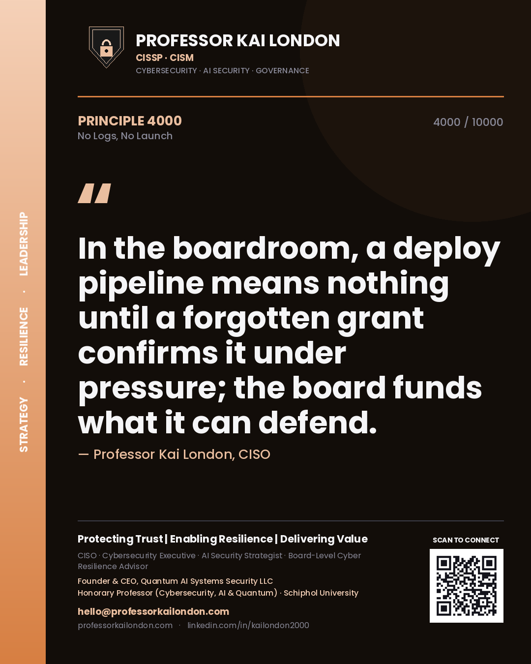 Professor Kai London principle 4000: In the boardroom, a deploy pipeline means nothing until a forgotten grant confirms it under pressure; the board funds what it can defend.