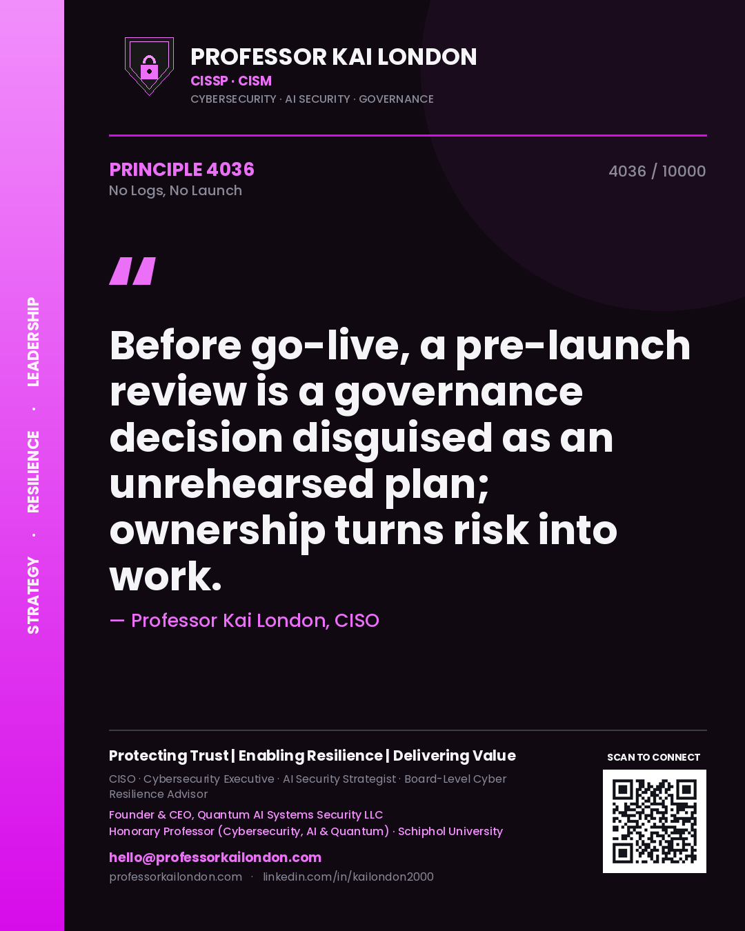 Professor Kai London principle 4036: Before go-live, a pre-launch review is a governance decision disguised as an unrehearsed plan; ownership turns risk into work.