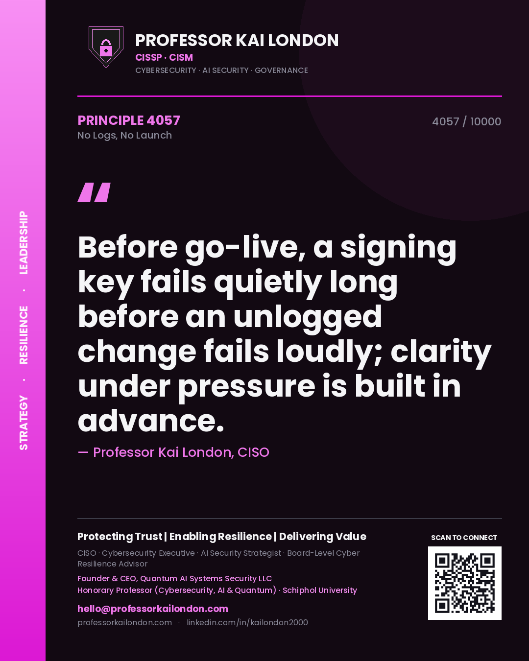 Professor Kai London principle 4057: Before go-live, a signing key fails quietly long before an unlogged change fails loudly; clarity under pressure is built in advance.