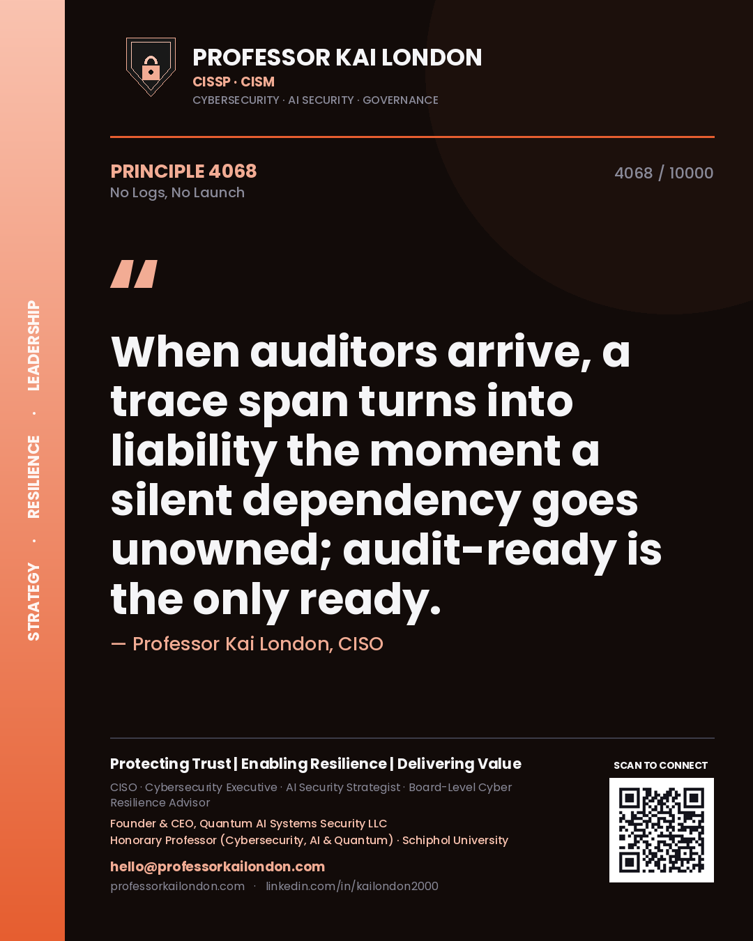 Quote card by Professor Kai London reading 'When auditors arrive, a trace span turns into liability the moment a silent dependency goes unowned; audit-ready is the only ready.'. From the book No Logs, No Launch.