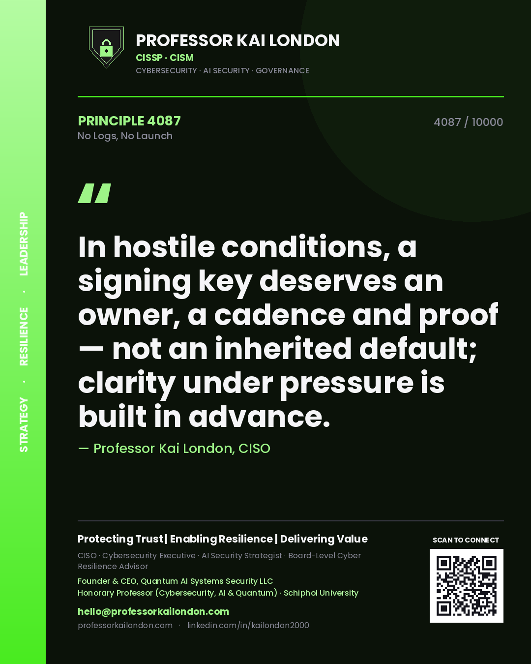 Quote card by Professor Kai London reading 'In hostile conditions, a signing key deserves an owner, a cadence and proof — not an inherited default; clarity under pressure is built in advance.'. From the book No Logs, No Launch.