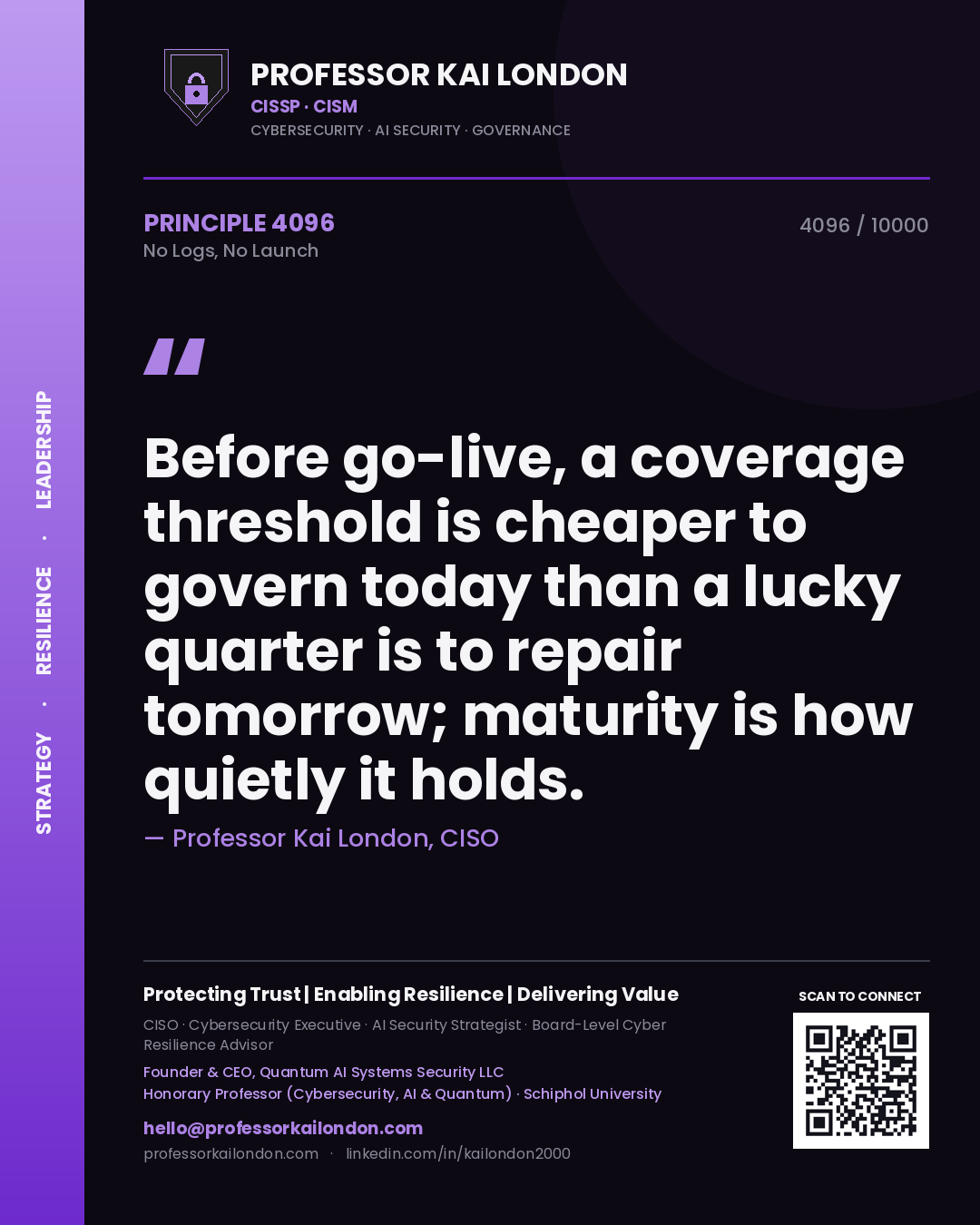 Quote card by Professor Kai London reading 'Before go-live, a coverage threshold is cheaper to govern today than a lucky quarter is to repair tomorrow; maturity is how quietly it holds.'. From the book No Logs, No Launch.