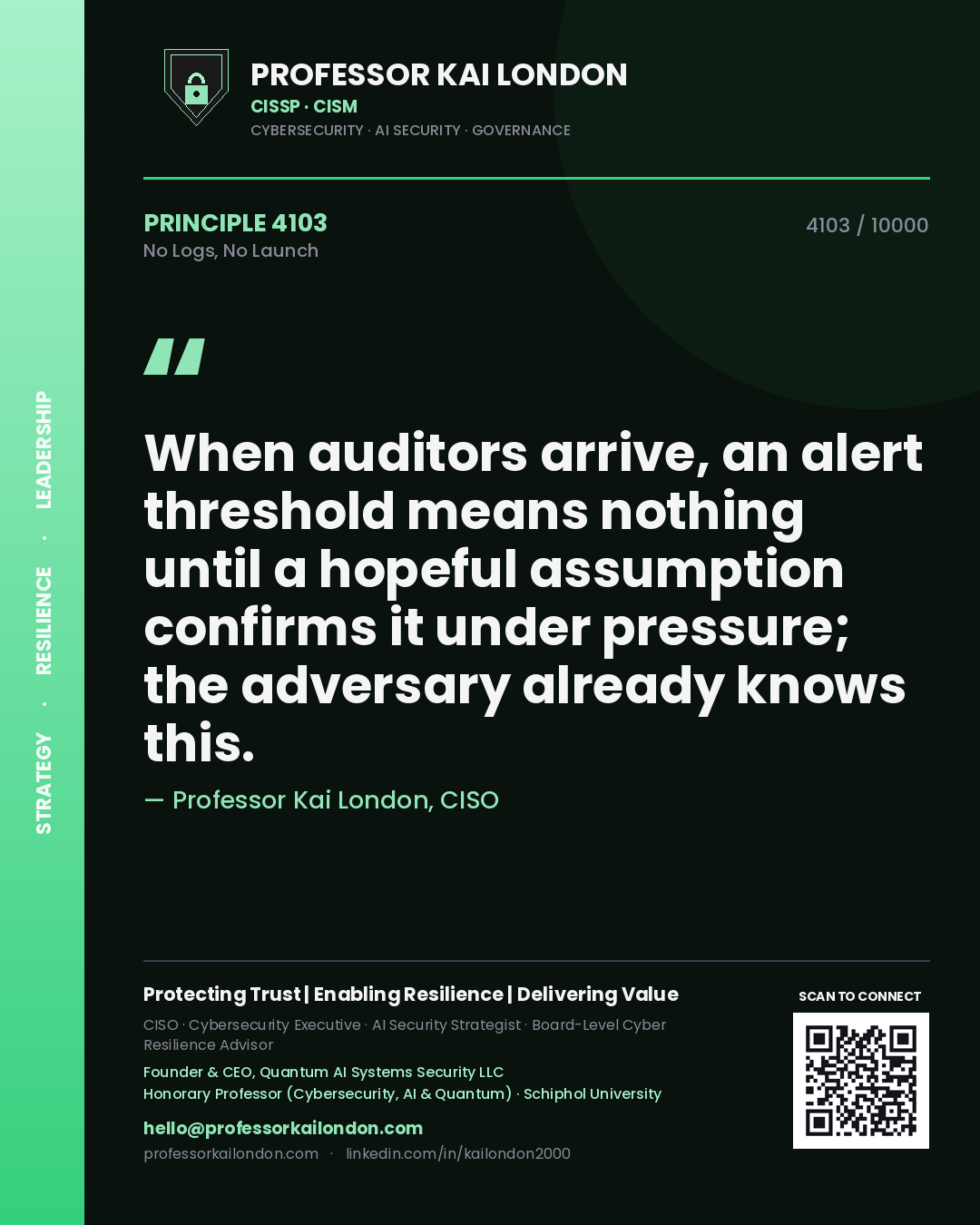 Professor Kai London principle 4103: When auditors arrive, an alert threshold means nothing until a hopeful assumption confirms it under pressure; the adversary already knows this.