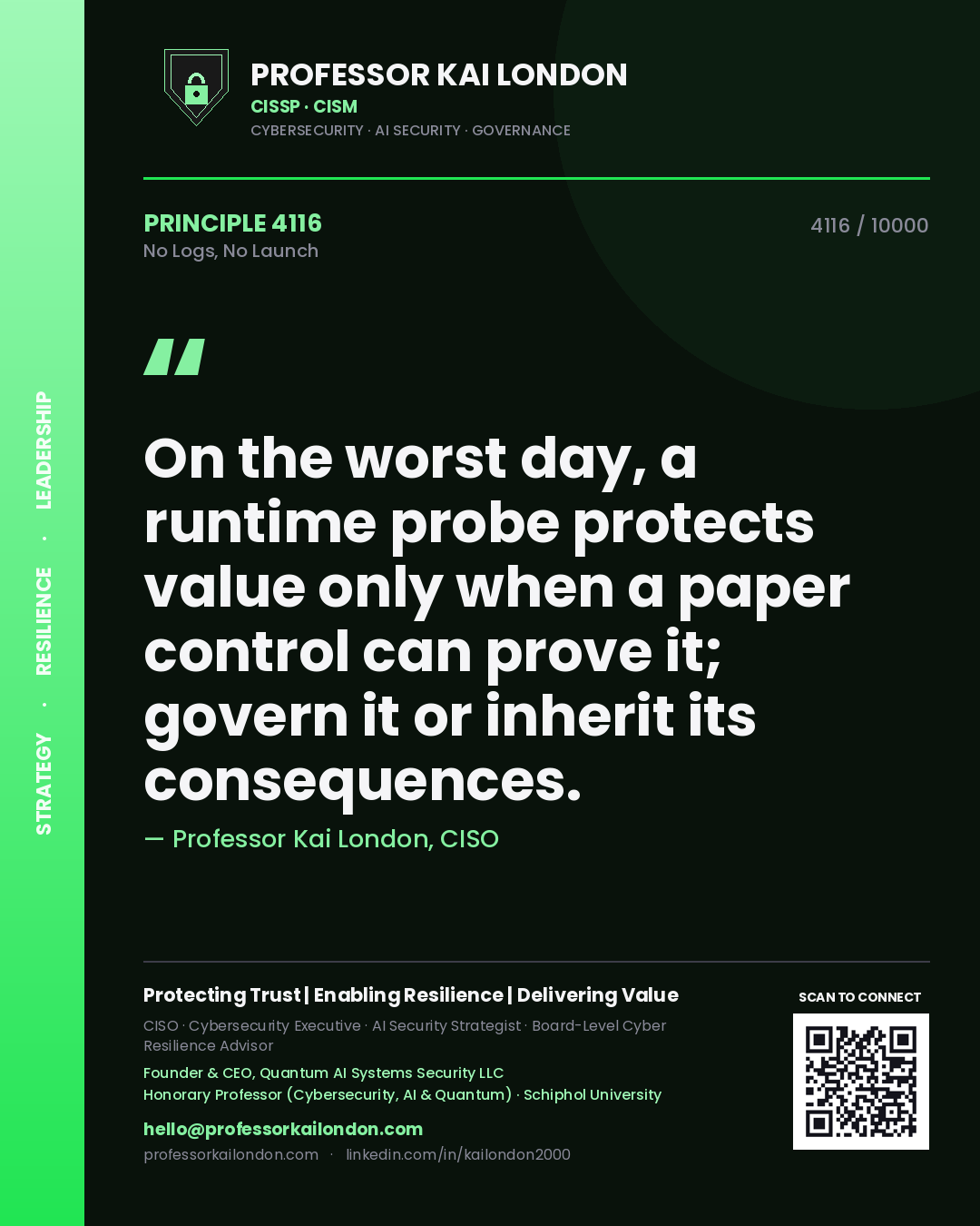 Professor Kai London principle 4116: On the worst day, a runtime probe protects value only when a paper control can prove it; govern it or inherit its consequences.
